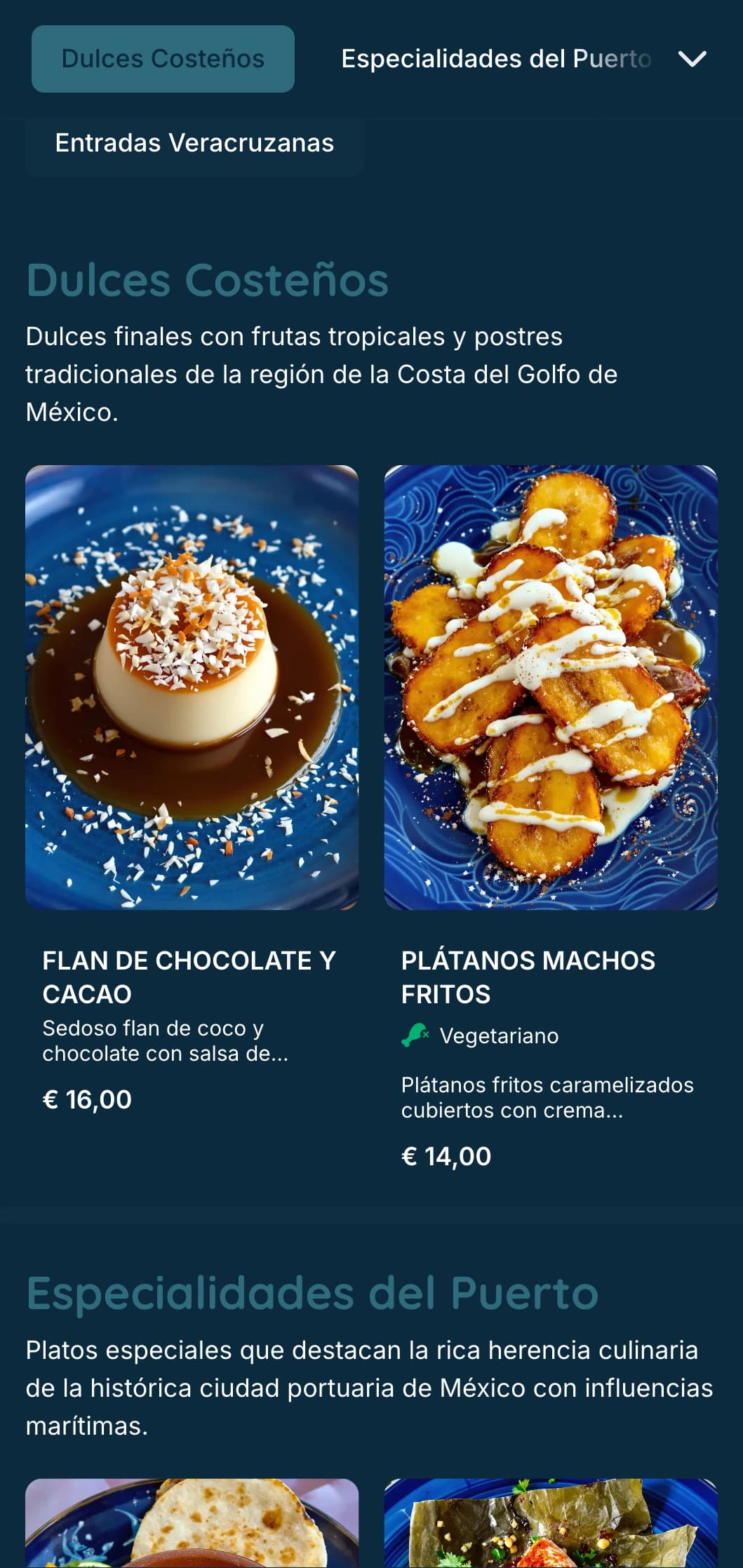 Fresco y sabroso menú costero que muestra las especialidades de mariscos de Veracruz con acentos turquesa, imágenes costeras y preparaciones de pescado de autor.