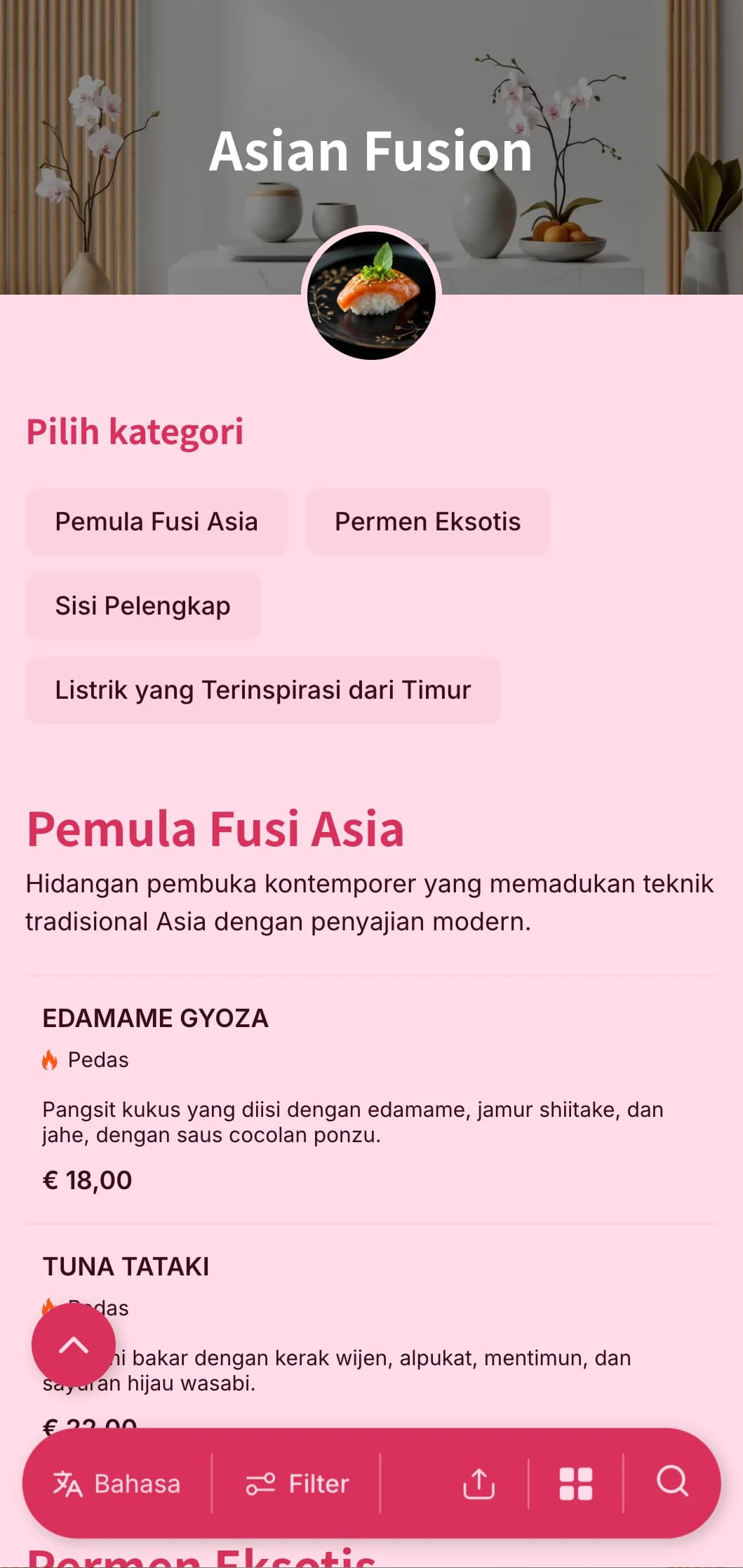 Katering kontemporer yang terinspirasi dari Asia yang memadukan teknik tradisional dengan presentasi modern untuk acara trendi dan pertemuan internasional.