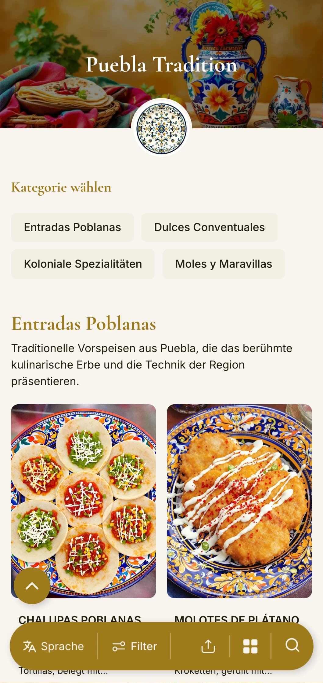 Ein raffiniertes Menü, das das reiche kulinarische Erbe von Puebla feiert, mit goldenen Akzenten, Talavera-Mustern und authentischen Mole-Poblano-Gerichten.