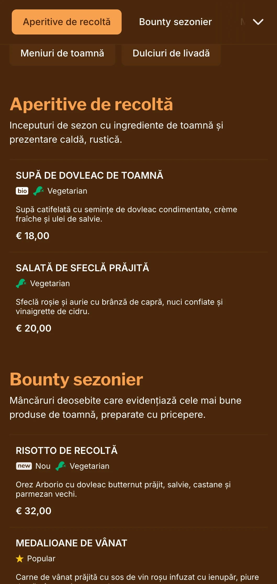 Un meniu de cină cald, inspirat de toamnă, cu tonuri bogate de chihlimbar, ideal pentru bucătăria sezonieră și restaurantele axate pe recoltă.