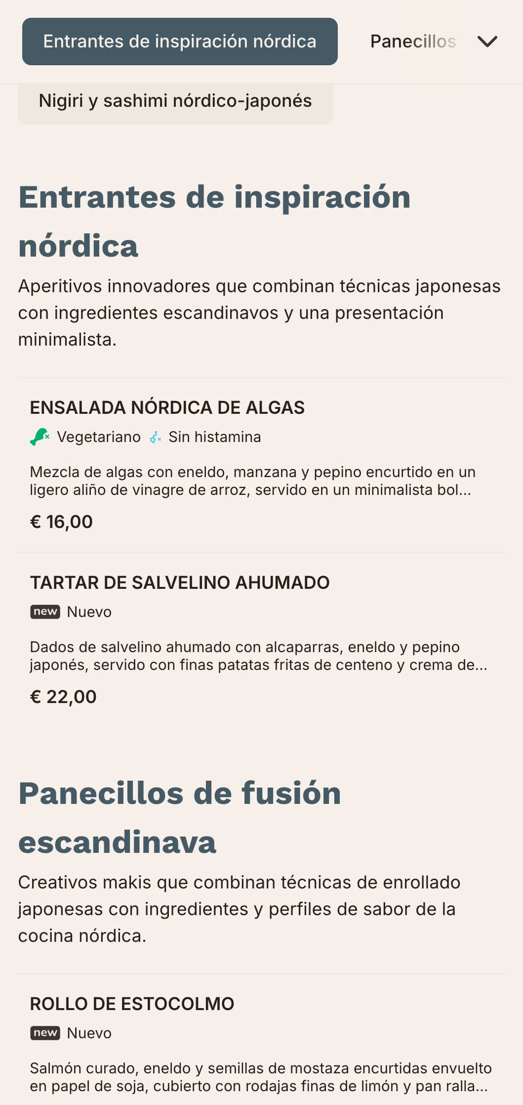 Menú de sushi de fusión contemporánea que combina las tradiciones japonesas con el minimalismo escandinavo, de líneas limpias y azules apagados.