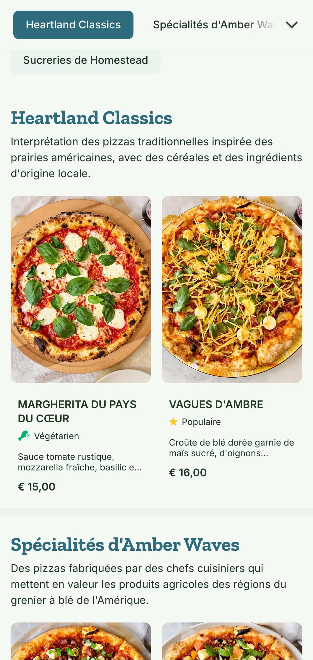 Carte de pizzas inspirée du cœur de l'Amérique, avec des motifs de blé et des éléments naturels.