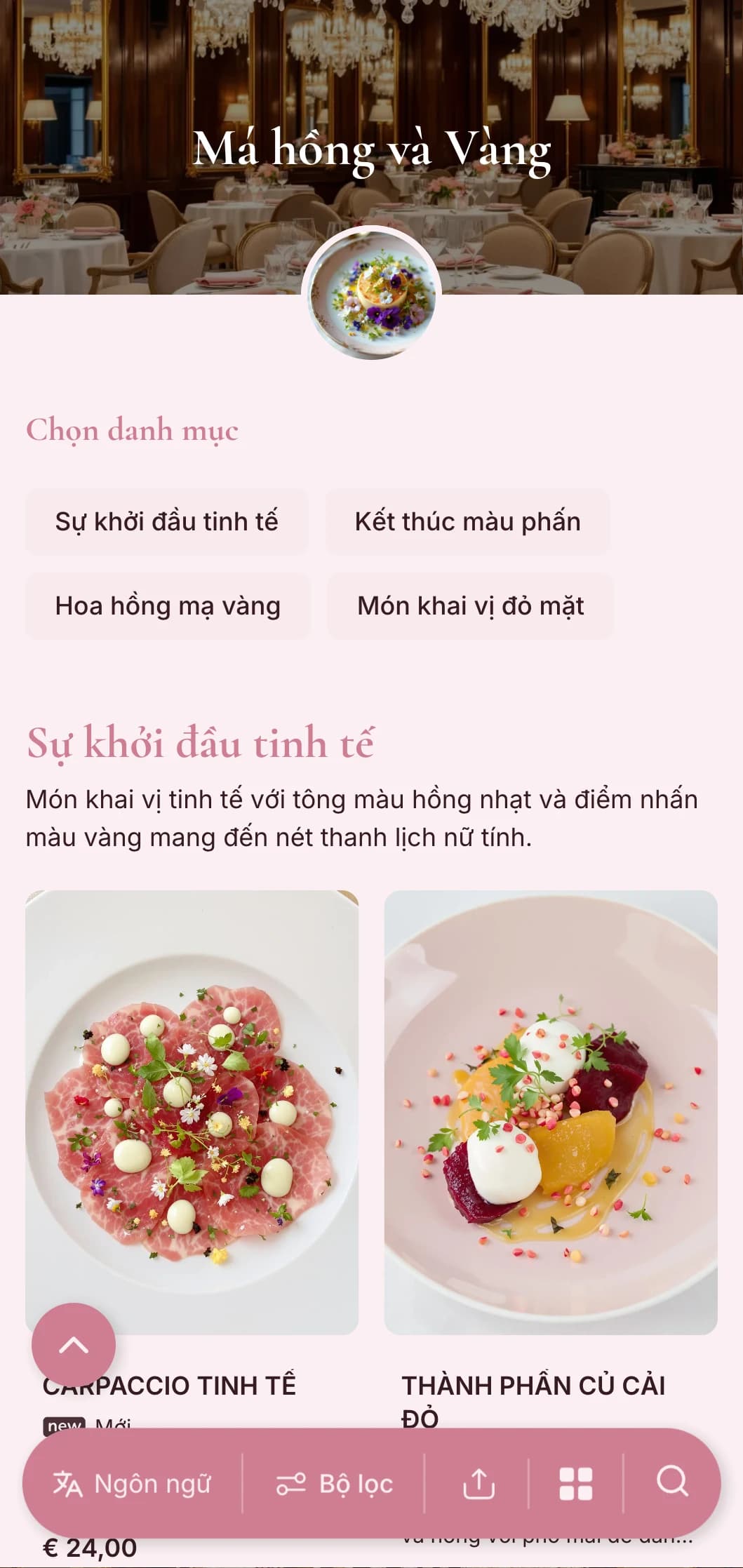 Khái niệm nữ tính tinh tế với tông màu hồng nhạt kết hợp cùng điểm nhấn vàng thanh lịch mang đến trải nghiệm sang trọng tinh tế.