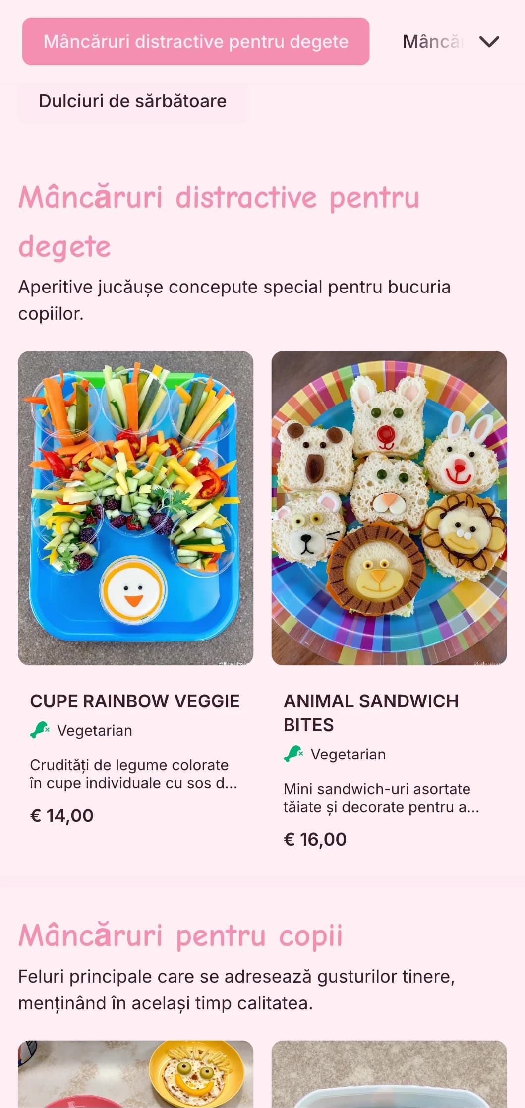 Catering amuzant, colorat, conceput special pentru evenimente pentru copii, cu o prezentare jucăușă, opțiuni pentru copii și stații alimentare interactive.