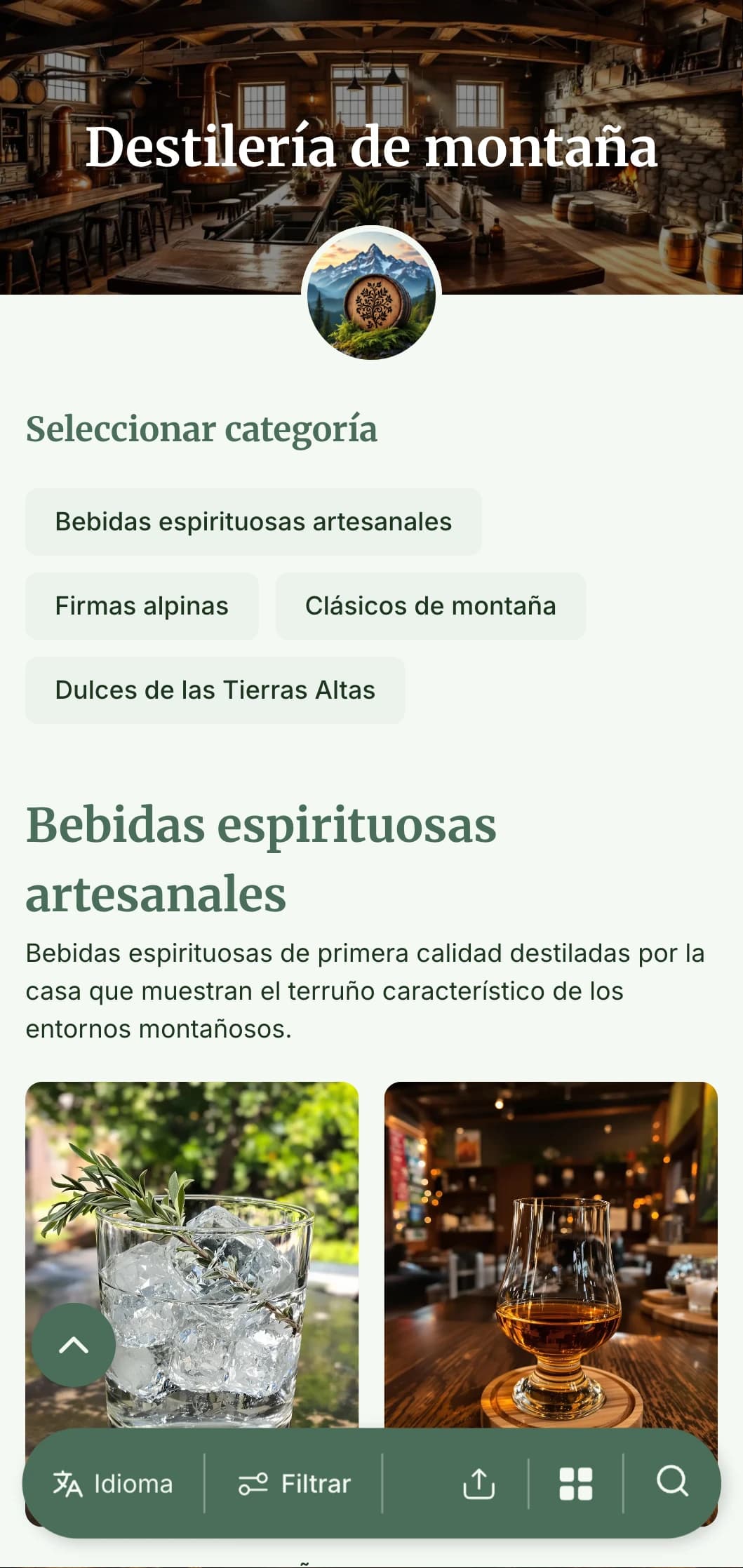 Un diseño rústico de inspiración alpina para destilerías de montaña y bares de licores, con tonos terrosos y elementos naturales.