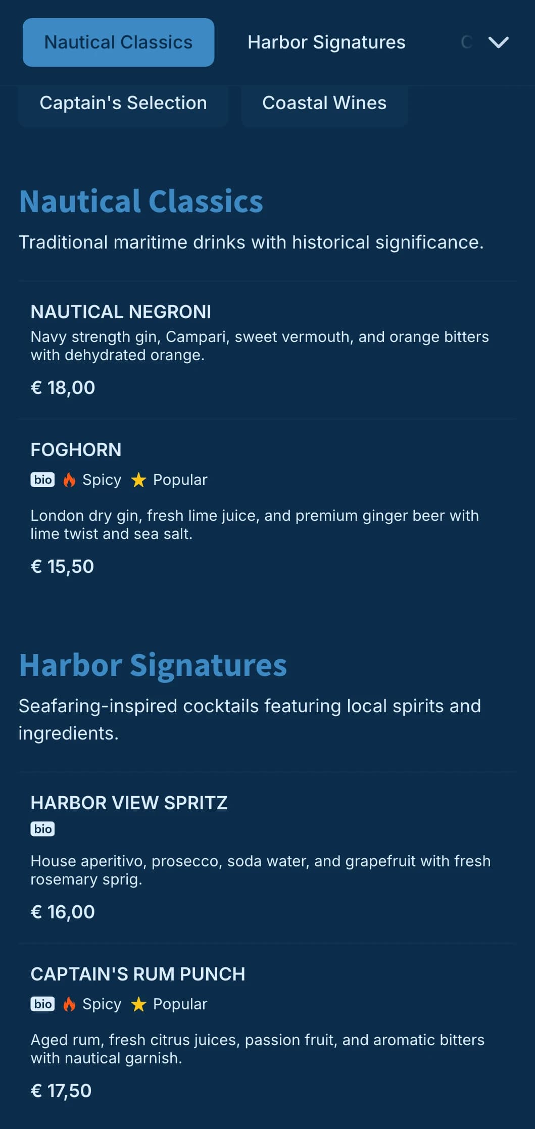 Nautical blue design with subtle maritime elements for waterfront cocktail bars.