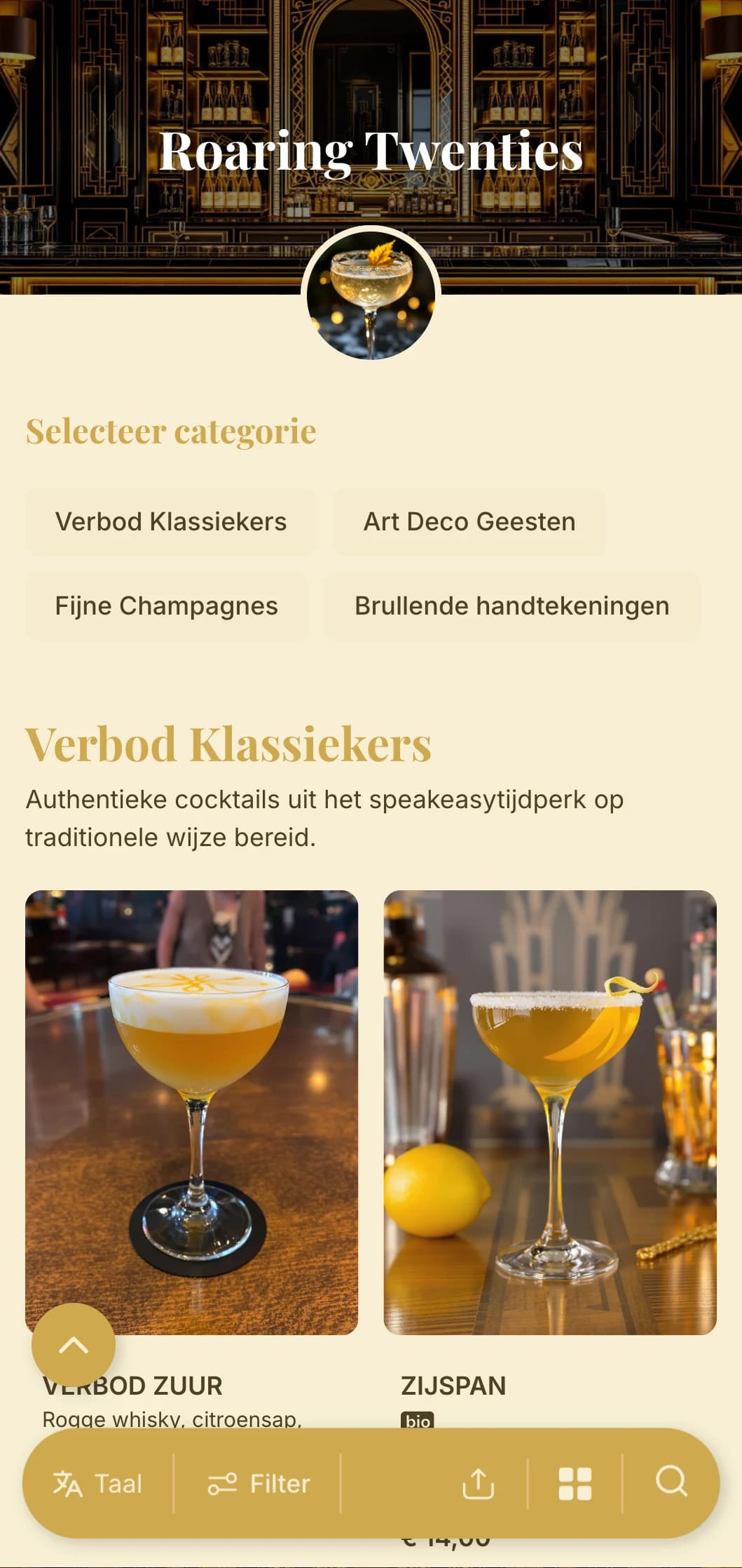 Goud en zwart ontwerp geïnspireerd op glamour uit de jaren 1920 voor chique cocktailbars.
