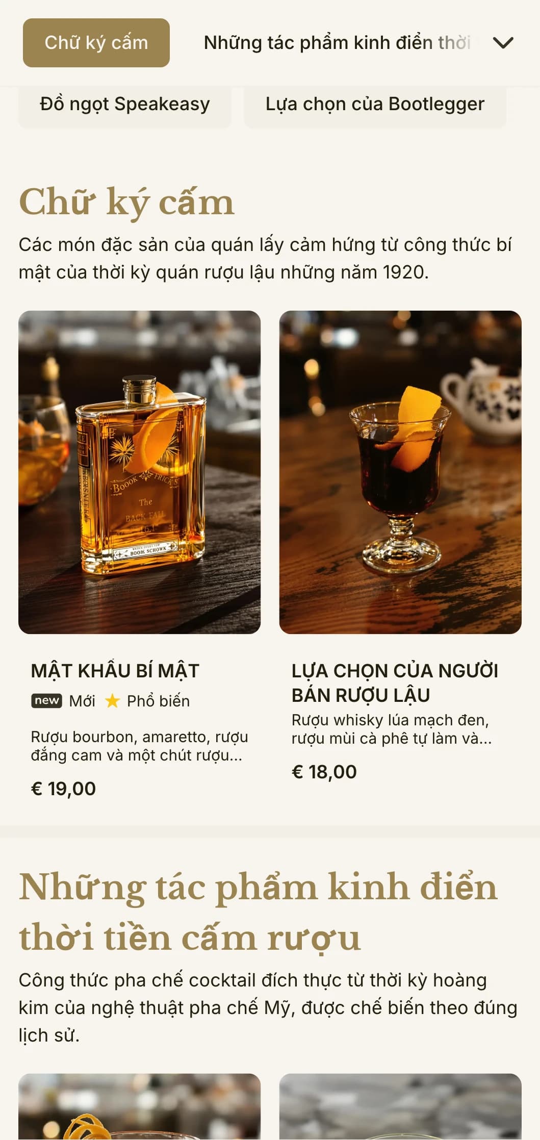 Thiết kế lấy cảm hứng từ thời kỳ cấm rượu dành cho các quán bar theo phong cách speakeasy, có kiểu chữ cổ điển và điểm nhấn màu vàng tinh tế.