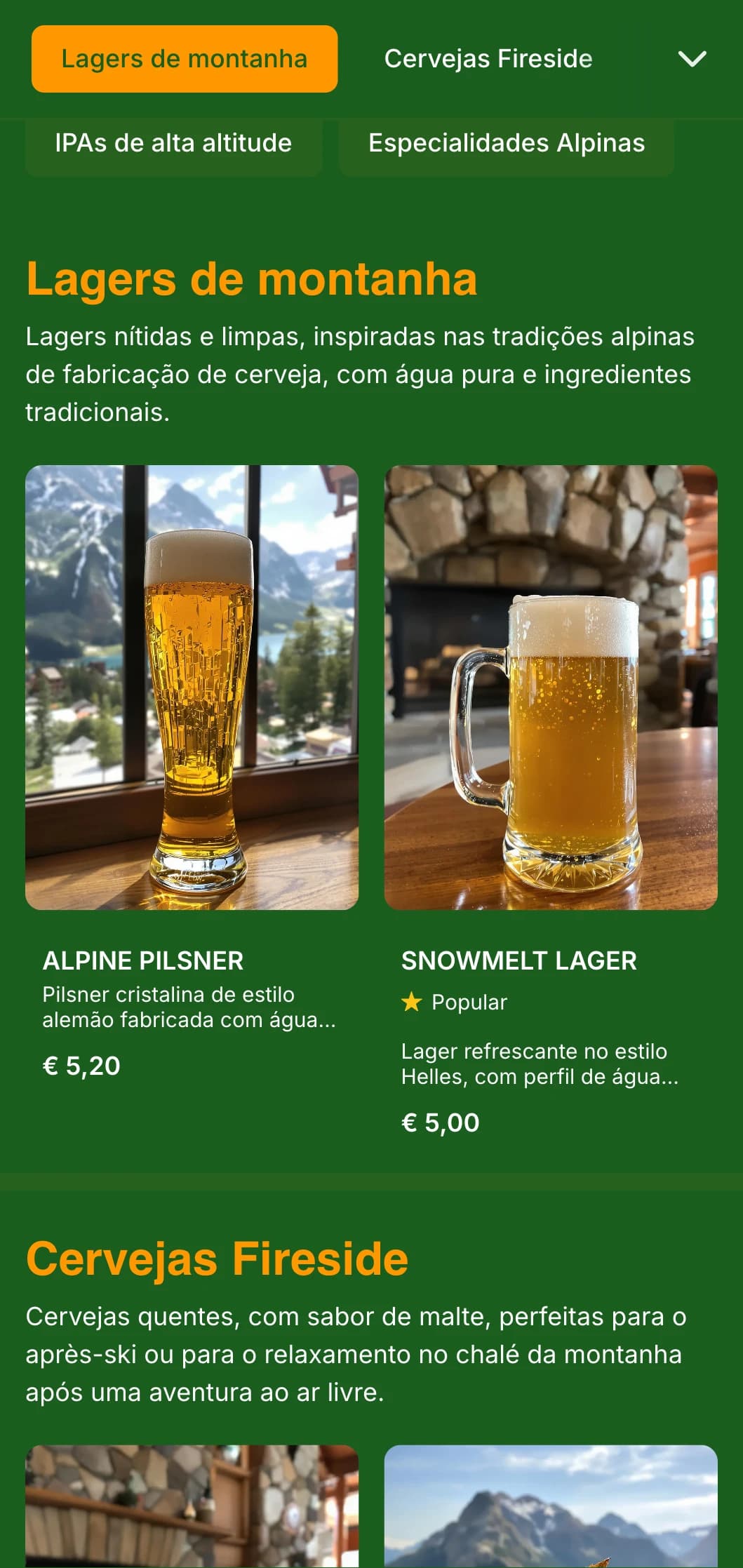 Estética aconchegante de chalé de montanha com tons de verde floresta e elementos rústicos, ideal para cervejarias e estações de esqui nas montanhas.