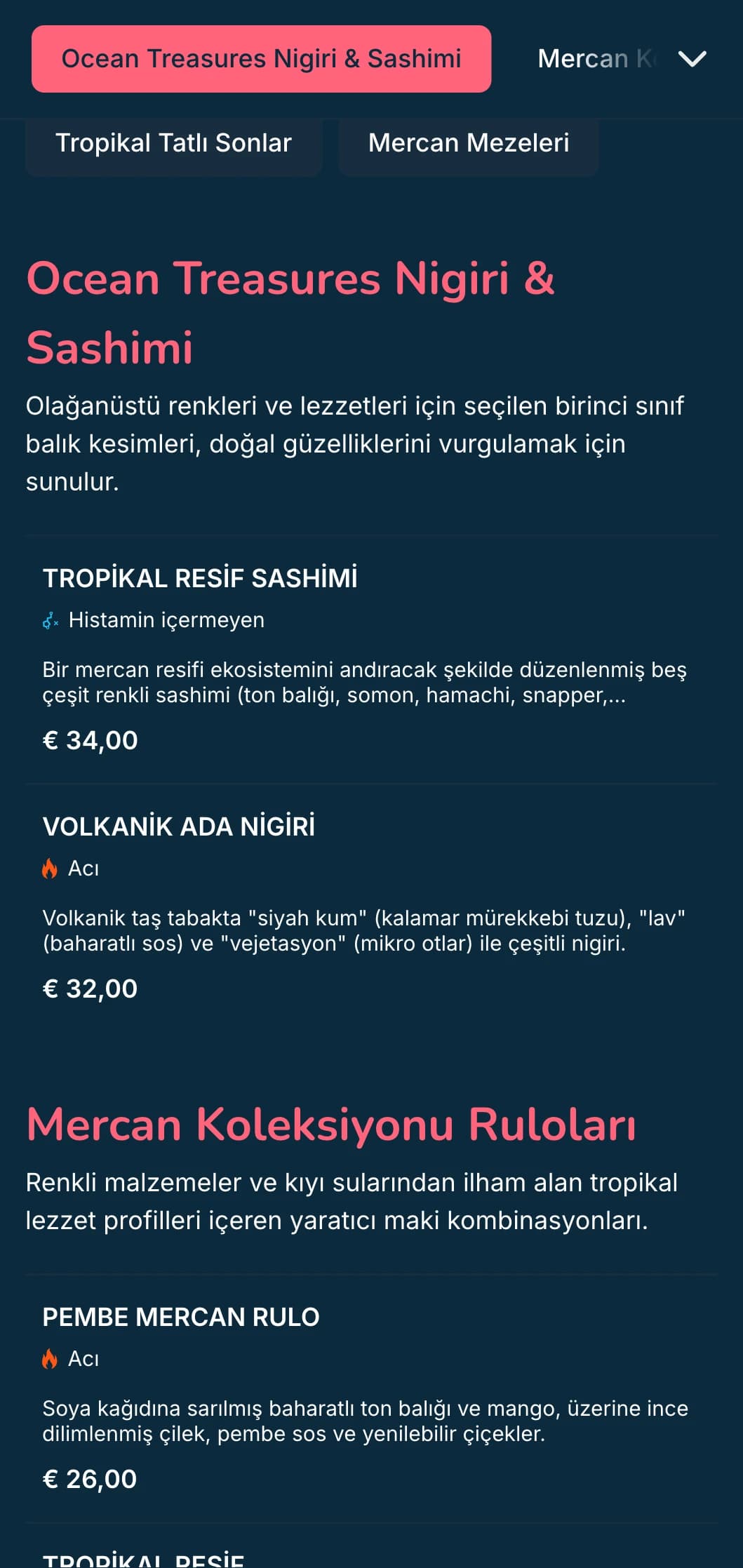 Deniz ürünleri uzmanları için mükemmel, koyu mavi arka plana karşı mercan pembesi vurgular içeren canlı okyanus esintili suşi menüsü.