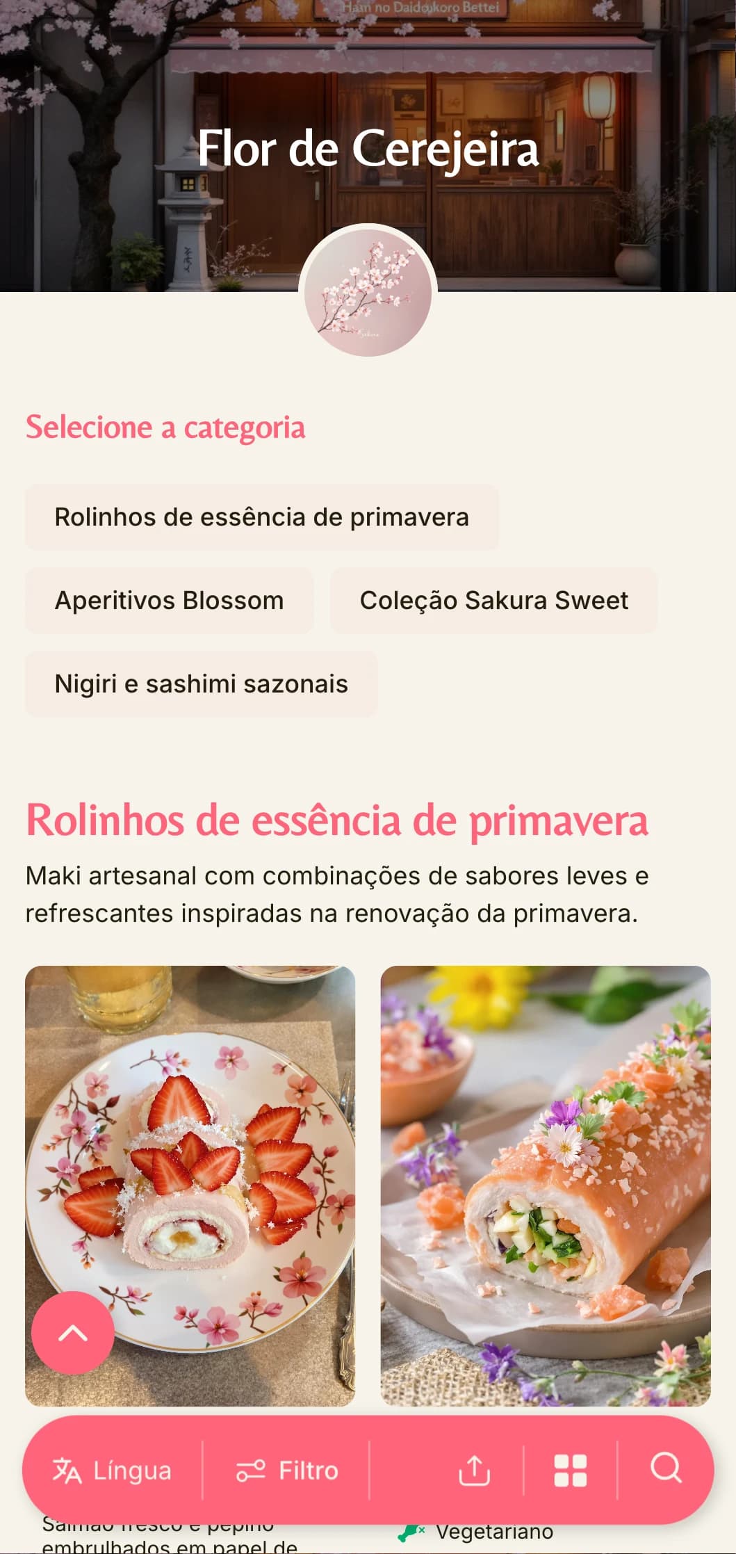 Delicado cardápio de sushi inspirado na primavera, com toques suaves de flor de cerejeira rosa em um fundo creme quente.