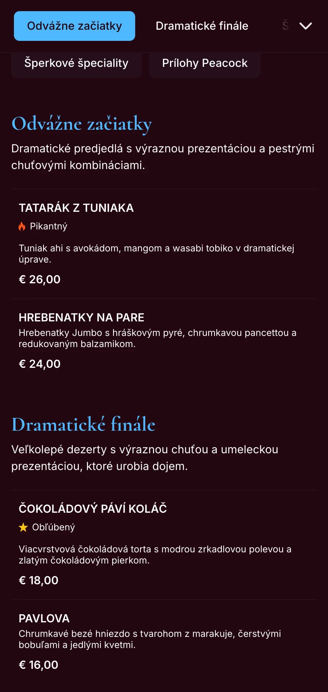 Výrazné pávovo-modré obedové menu s bohatými šperkovými tónmi a dramatickým štýlom je určené pre reštaurácie s odvážnym charakterom.