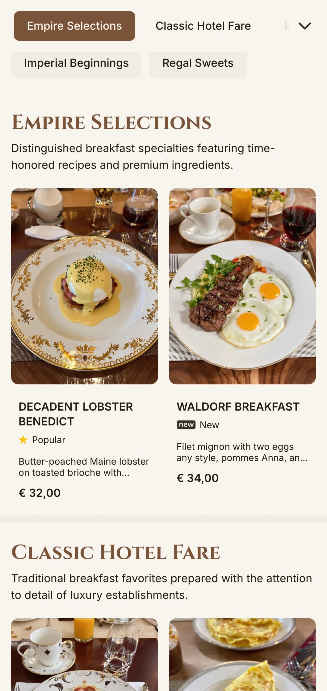 Grand breakfast experience inspired by the golden age of luxury hotels, presented with formal elegance.