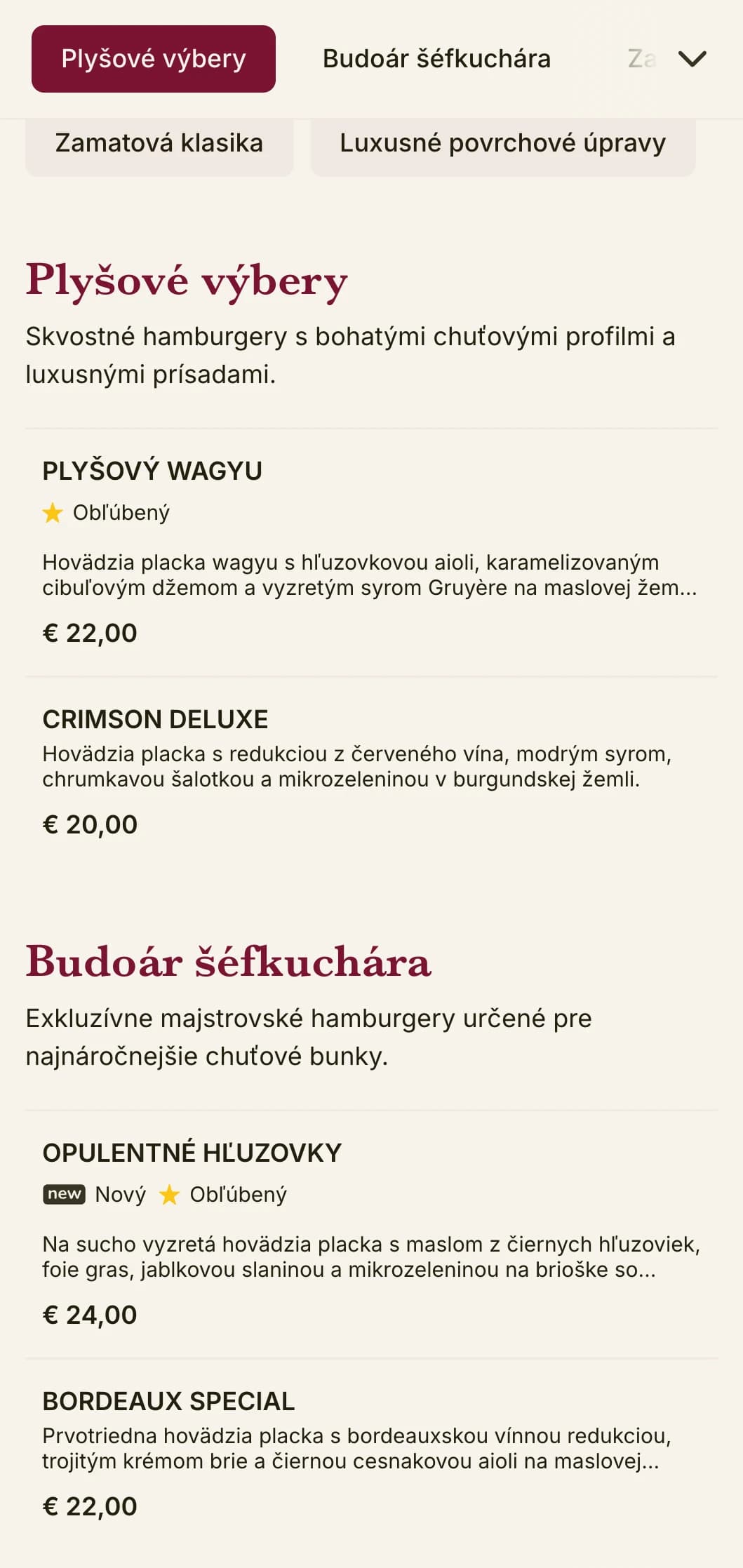 Luxusný hamburgerový salónik s bohatými textúrami a bohatou prezentáciou.