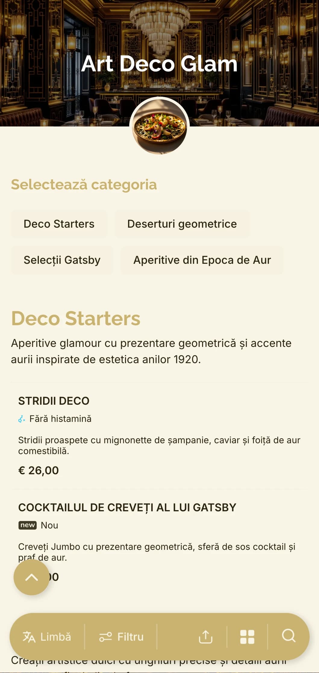 Design glamour inspirat din anii 1920 cu modele geometrice și accente aurii pentru o experiență atemporală, dar contemporană.