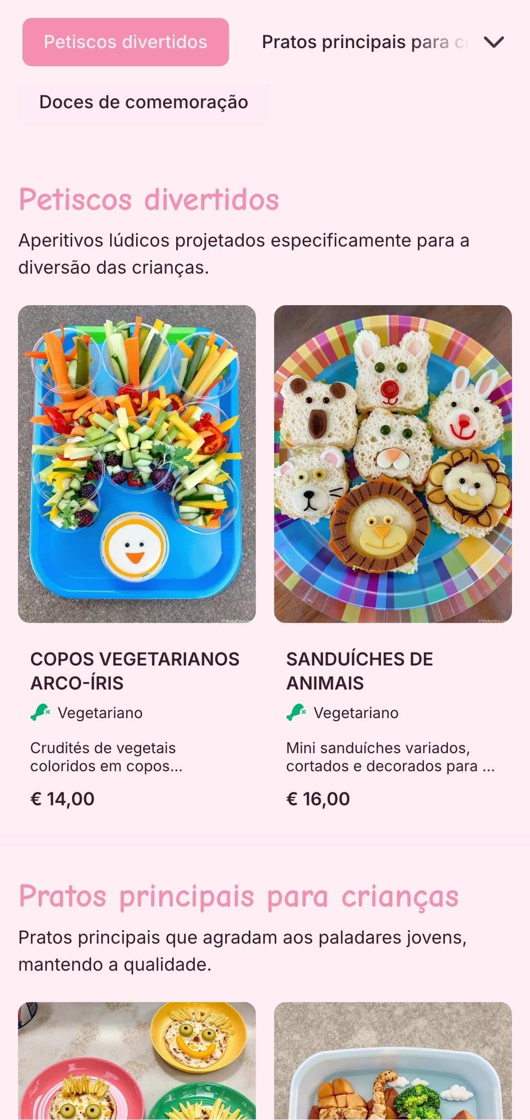 Serviço de bufê divertido e colorido projetado especificamente para eventos infantis com apresentação lúdica, opções para crianças e estações de alimentos interativas.
