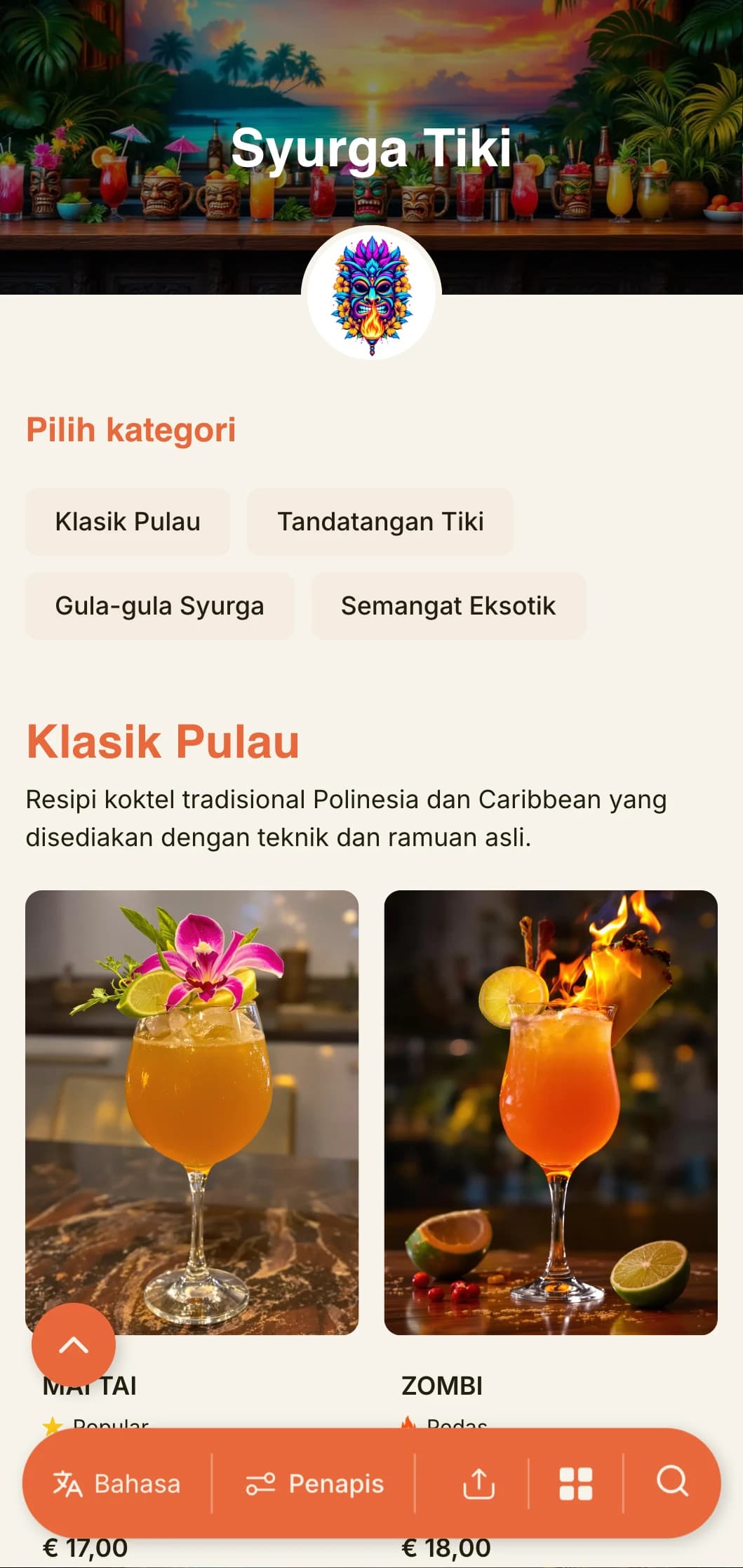 Reka bentuk eksotik dan bersemangat untuk bar tiki dan lounge koktel tropika yang menampilkan tipografi yang menyeronokkan dan warna-warna hangat.