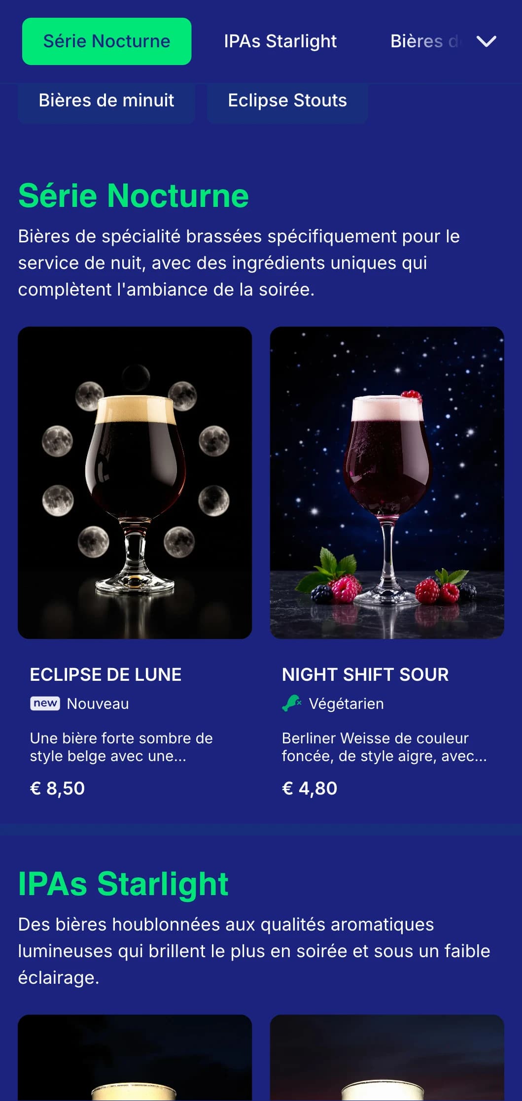 Design sombre et mystérieux avec des tons bleu nuit et des éléments lunaires, idéal pour les établissements axés sur la soirée et les brasseries nocturnes.