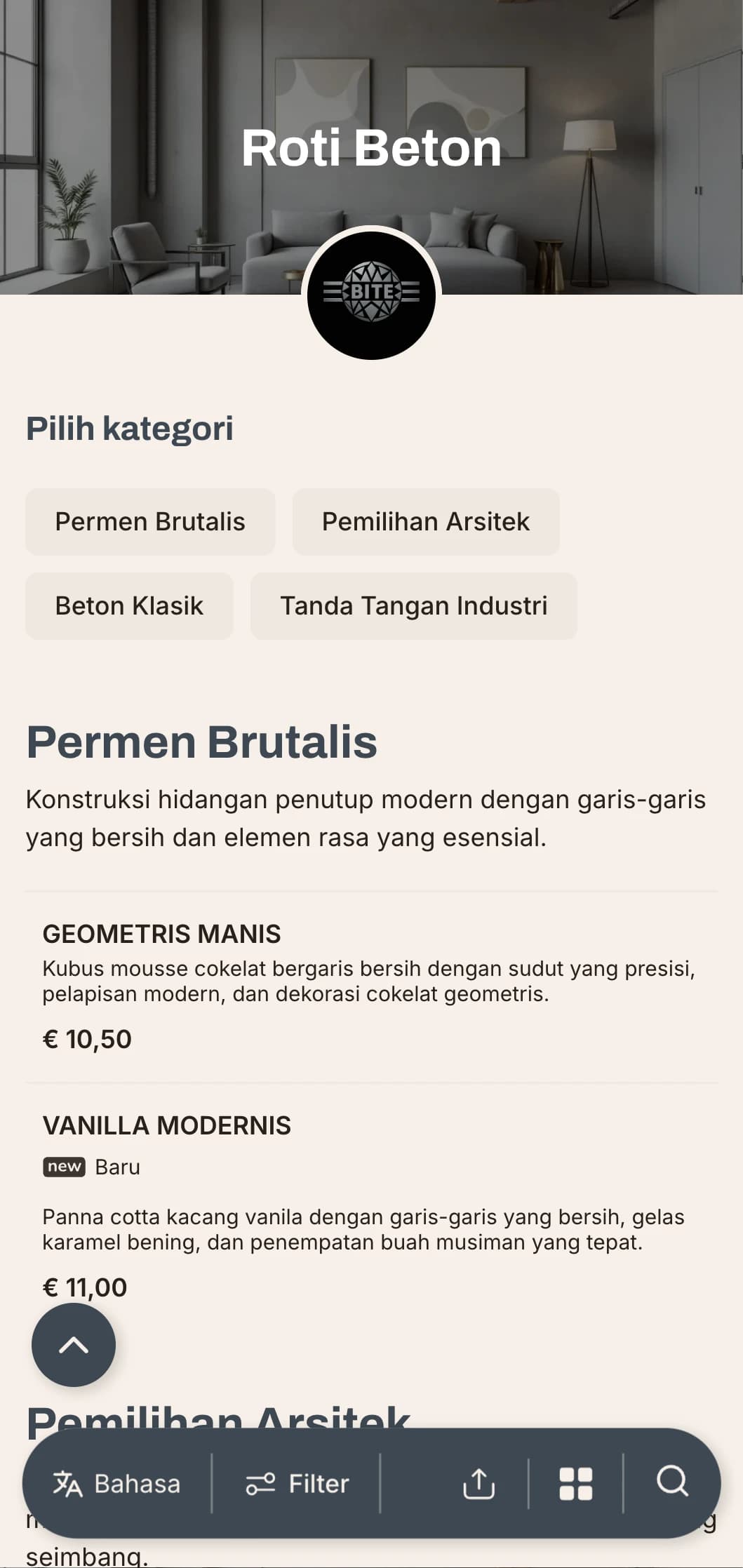 Konsep burger industrial-minimalis dengan tekstur beton dan sentuhan akhir logam yang ramping untuk kaum urban modern.