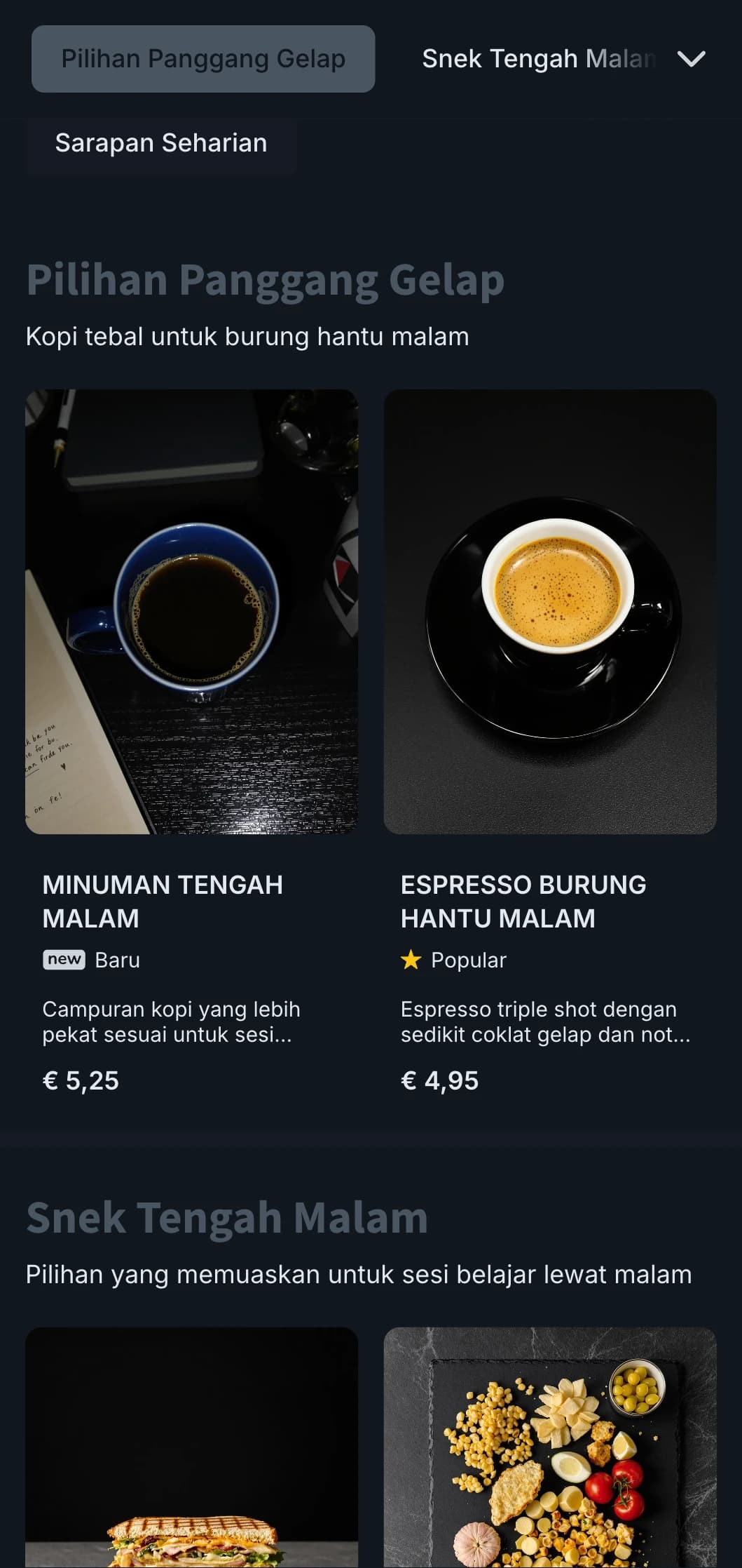 Warna biru tua dan kelabu untuk kafe belajar larut malam dan kedai kopi 24 jam.