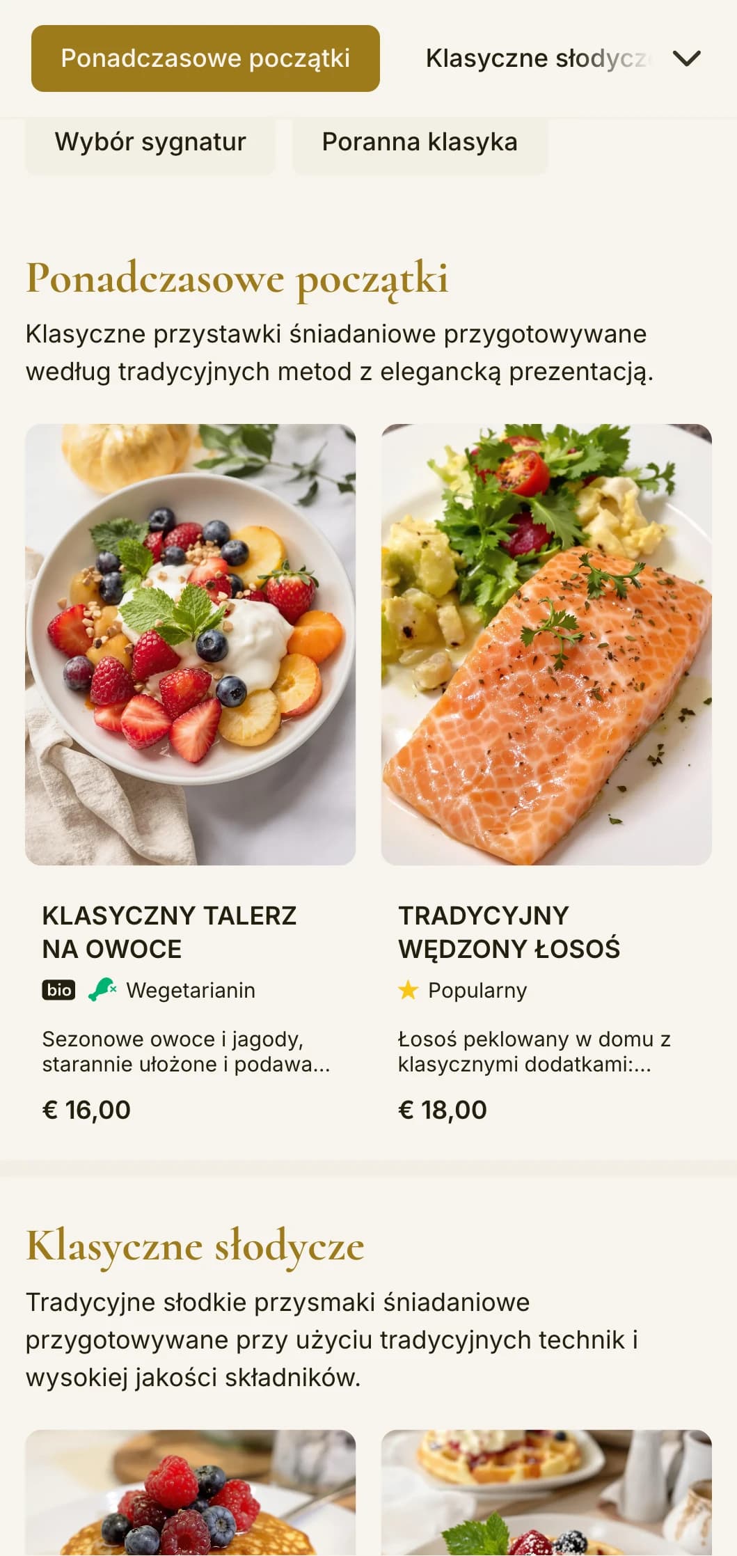 Eleganckie klasyki śniadaniowe prezentowane z wyrafinowaną dbałością o szczegóły i tradycyjnymi elementami obsługi.