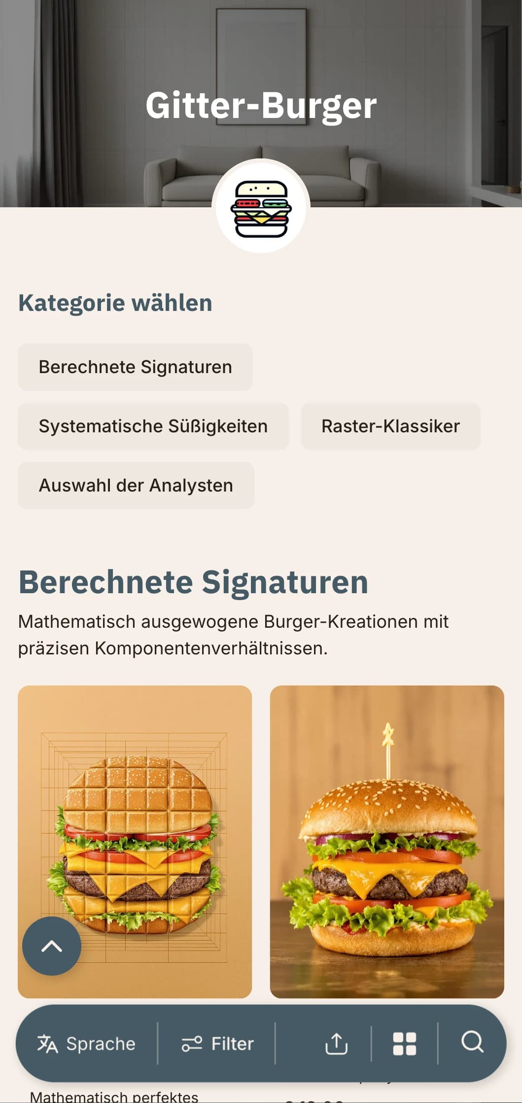 Mathematisches Präzisions-Burger-Konzept mit Rasterlayouts und systematischer Darstellung.