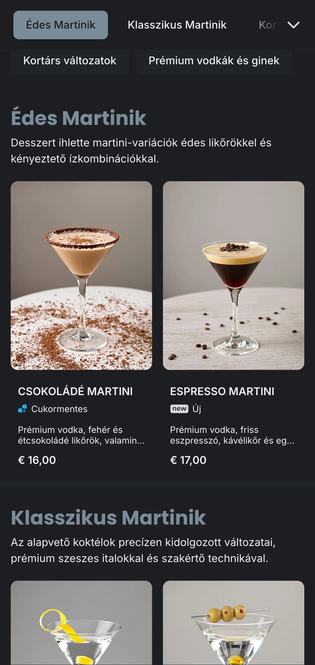 Kifinomult, városi menüterv martini bárok és társalgók számára, elegáns tipográfiával és hűvös szürke tónusokkal.