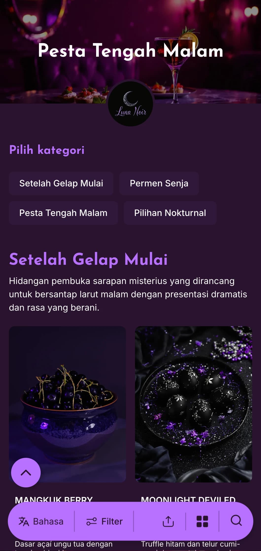 Templat ungu tua dengan aksen cerah, cocok untuk sajian brunch larut malam dan sarapan yang dipadukan dengan koktail.