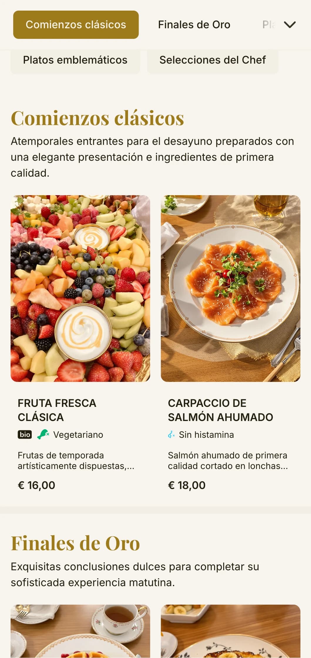 Elegantes desayunos clásicos con una refinada presentación para empezar el día con buen pie.