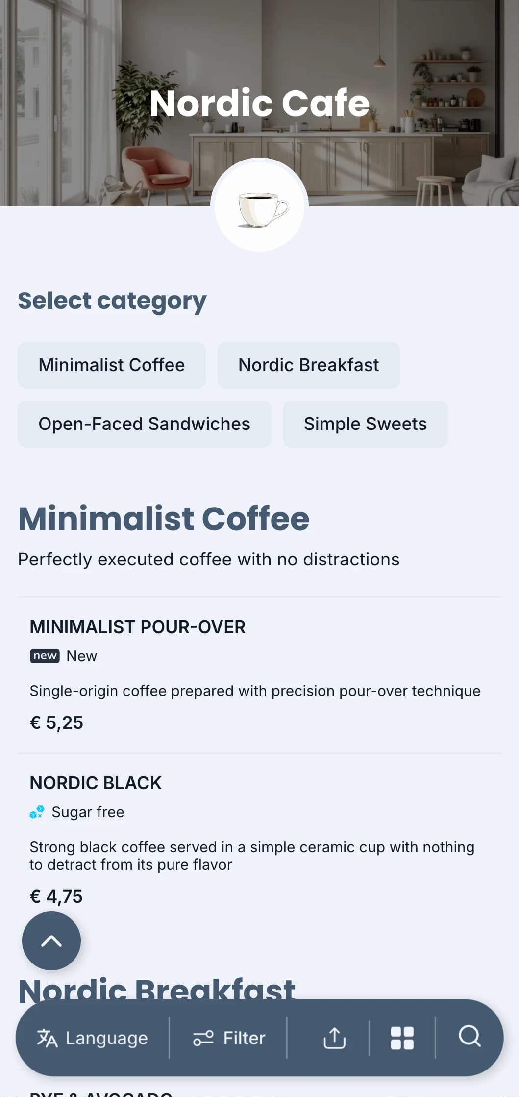 Clean Scandinavian-inspired design with cool blue tones for modern minimalist cafes.