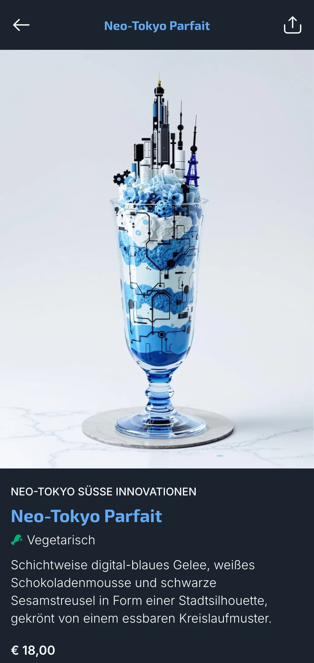 Futuristisches, von Tokio inspiriertes Sushi-Menü mit digitalen blauen Elementen für moderne urbane Restaurants.