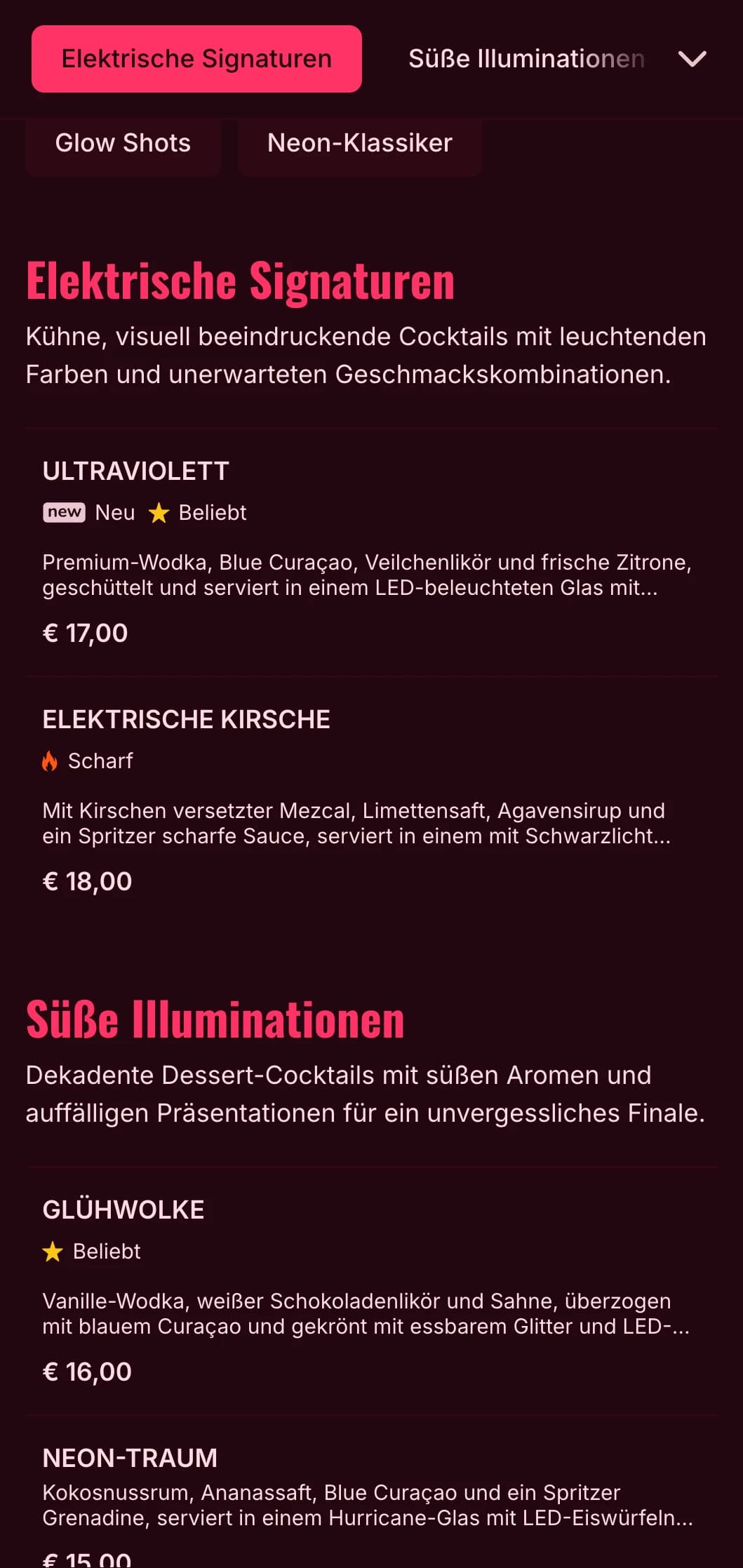 Ein kühnes, lebhaftes Menüdesign, inspiriert vom Neon-Nachtleben, perfekt für moderne Cocktailbars und Nachtclubs.