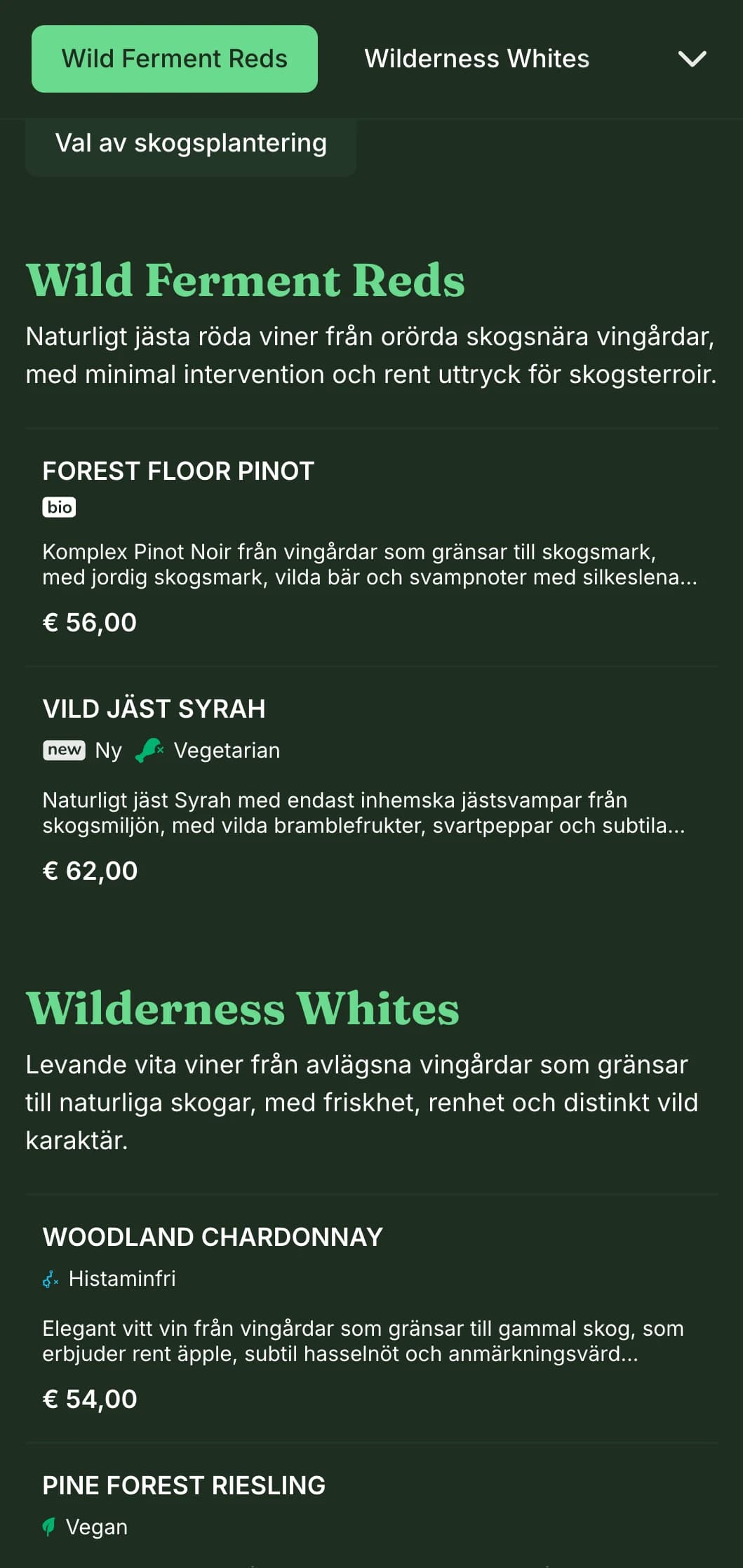 Naturinspirerad mall för mörk vinlista med livfulla gröna accenter mot skogsbakgrund, perfekt för skogsrestauranger och rustika vinbarer.