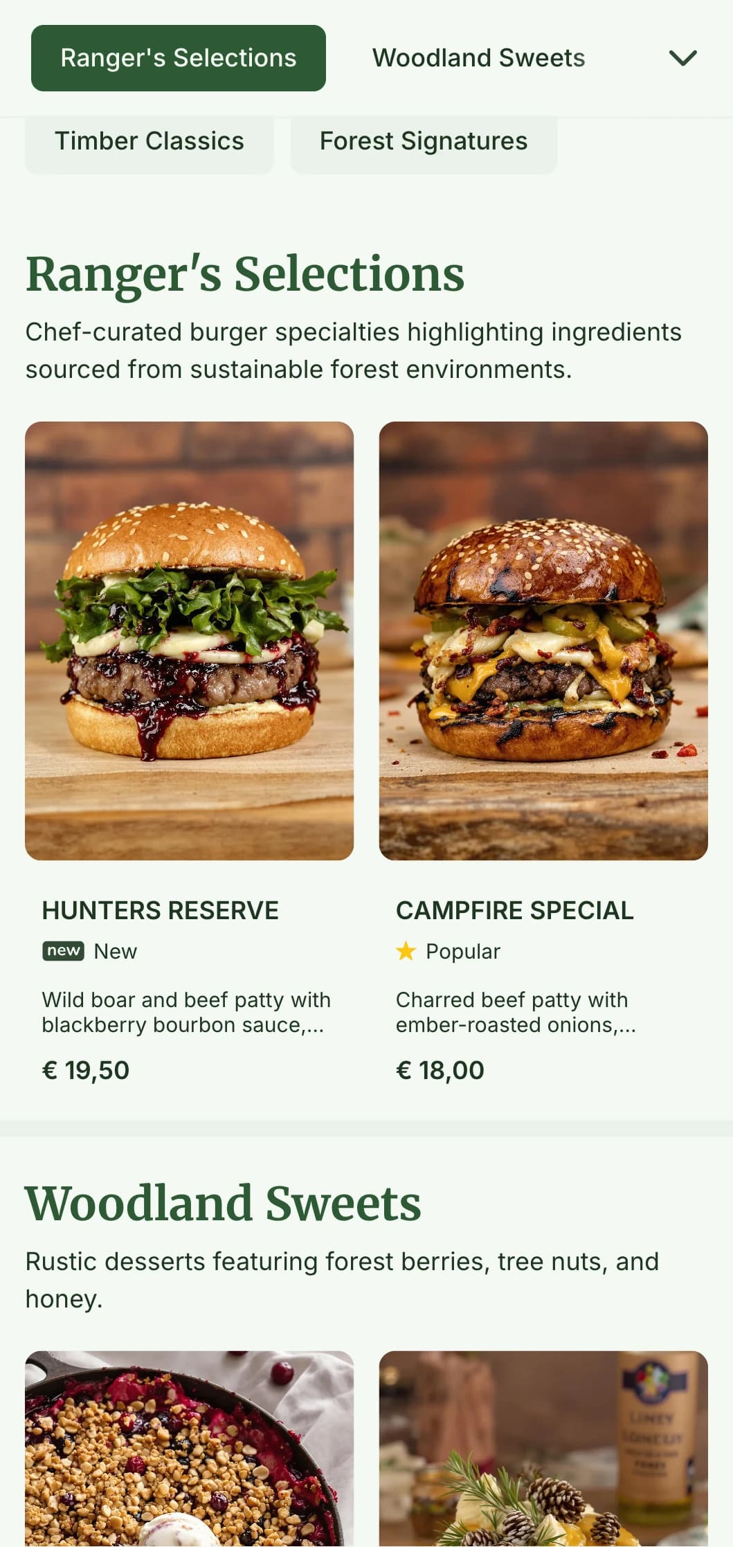 Forest-inspired burger experience with wood textures and earthy color palette.
