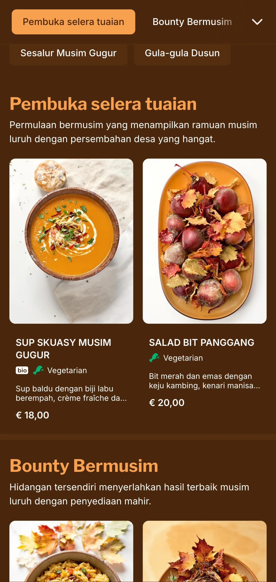 Menu makan malam hangat berinspirasikan musim luruh yang menampilkan rona ambar yang kaya, sesuai untuk masakan bermusim dan restoran menuai hasil.