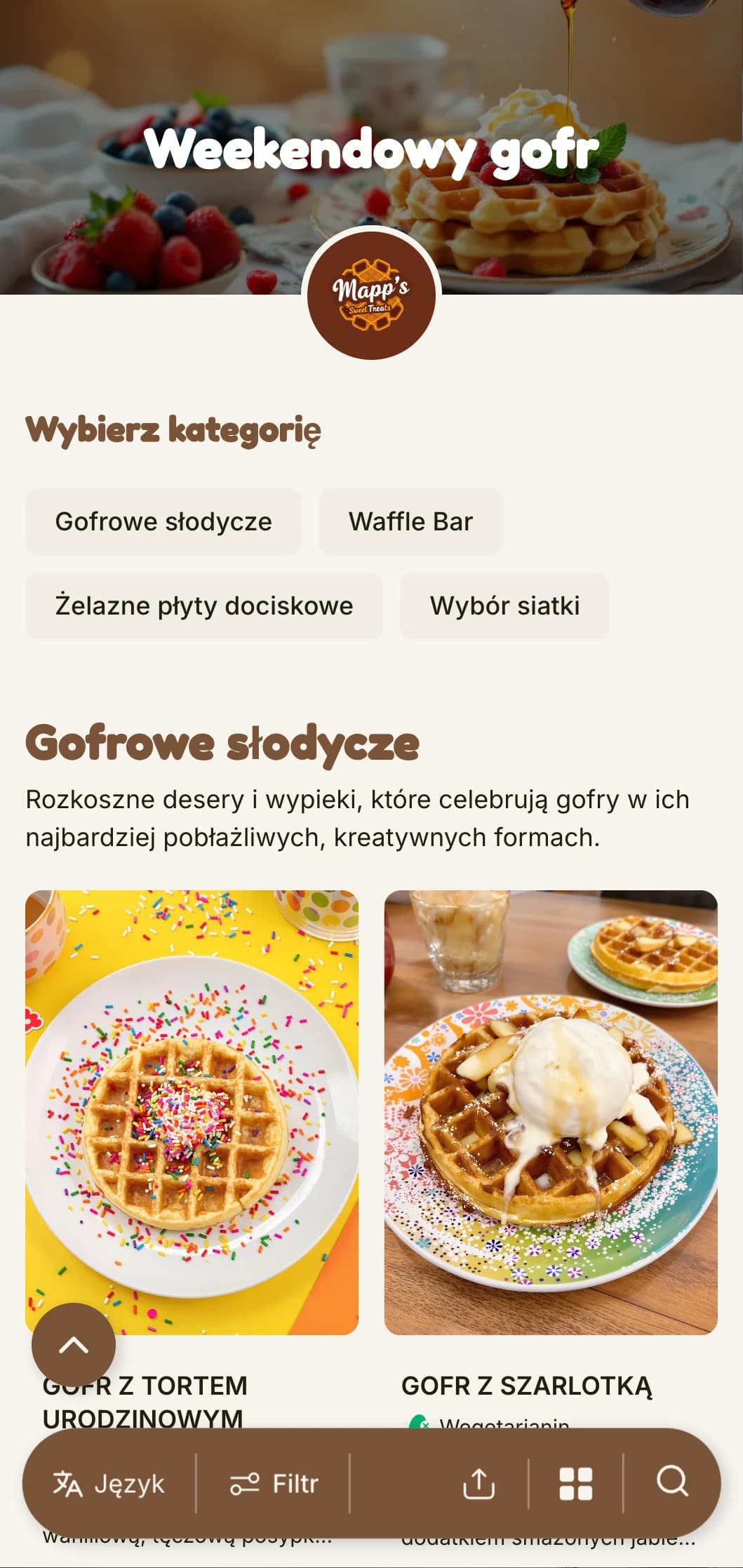 Ciepły, zabawny szablon brunchowy skupiający się na gofrach i słodkich ofertach śniadaniowych, idealny do przyjaznych rodzinom kawiarni.