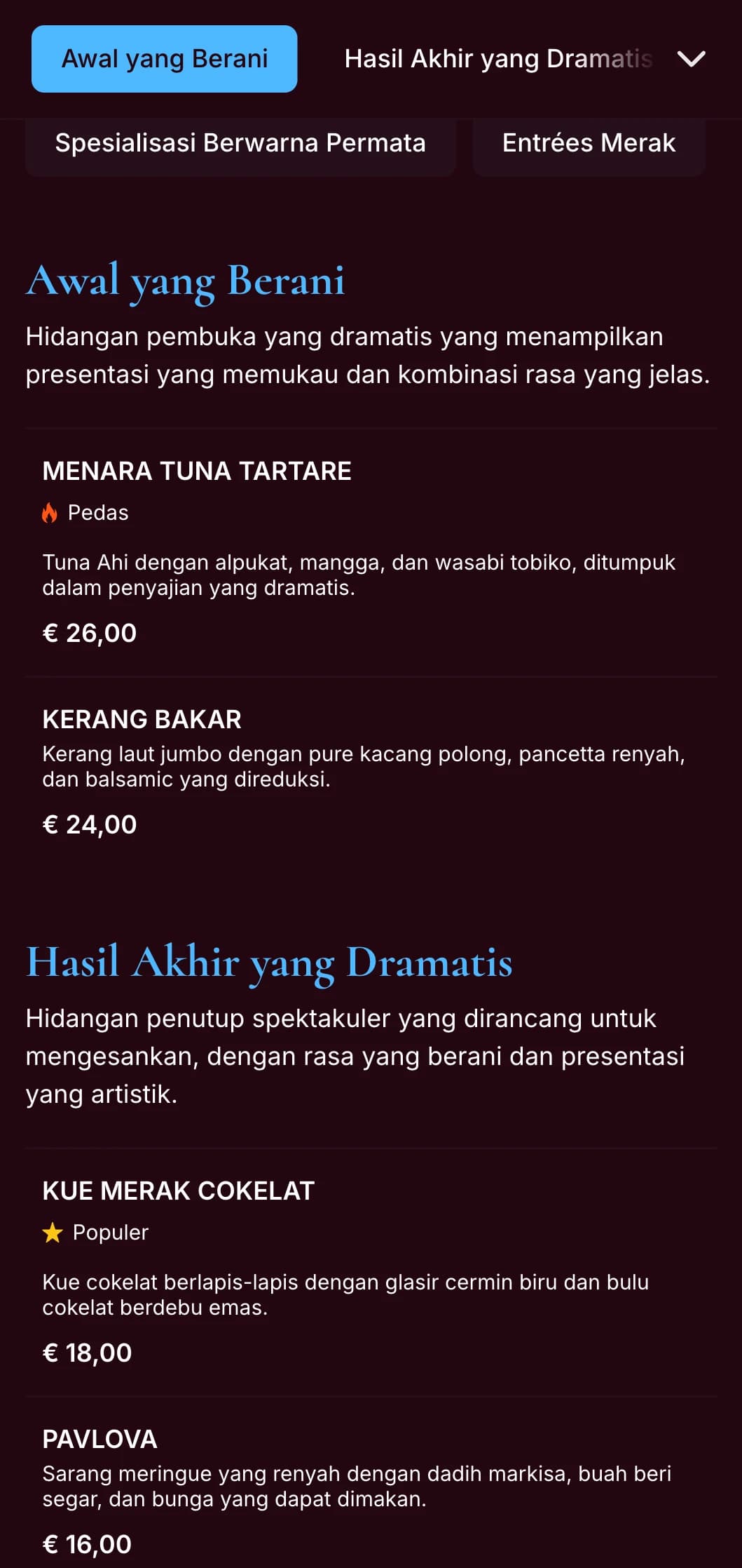 Menu makan malam berwarna biru merak yang mencolok dengan warna permata yang kaya dan gaya dramatis, dirancang untuk restoran dengan karakter yang berani.