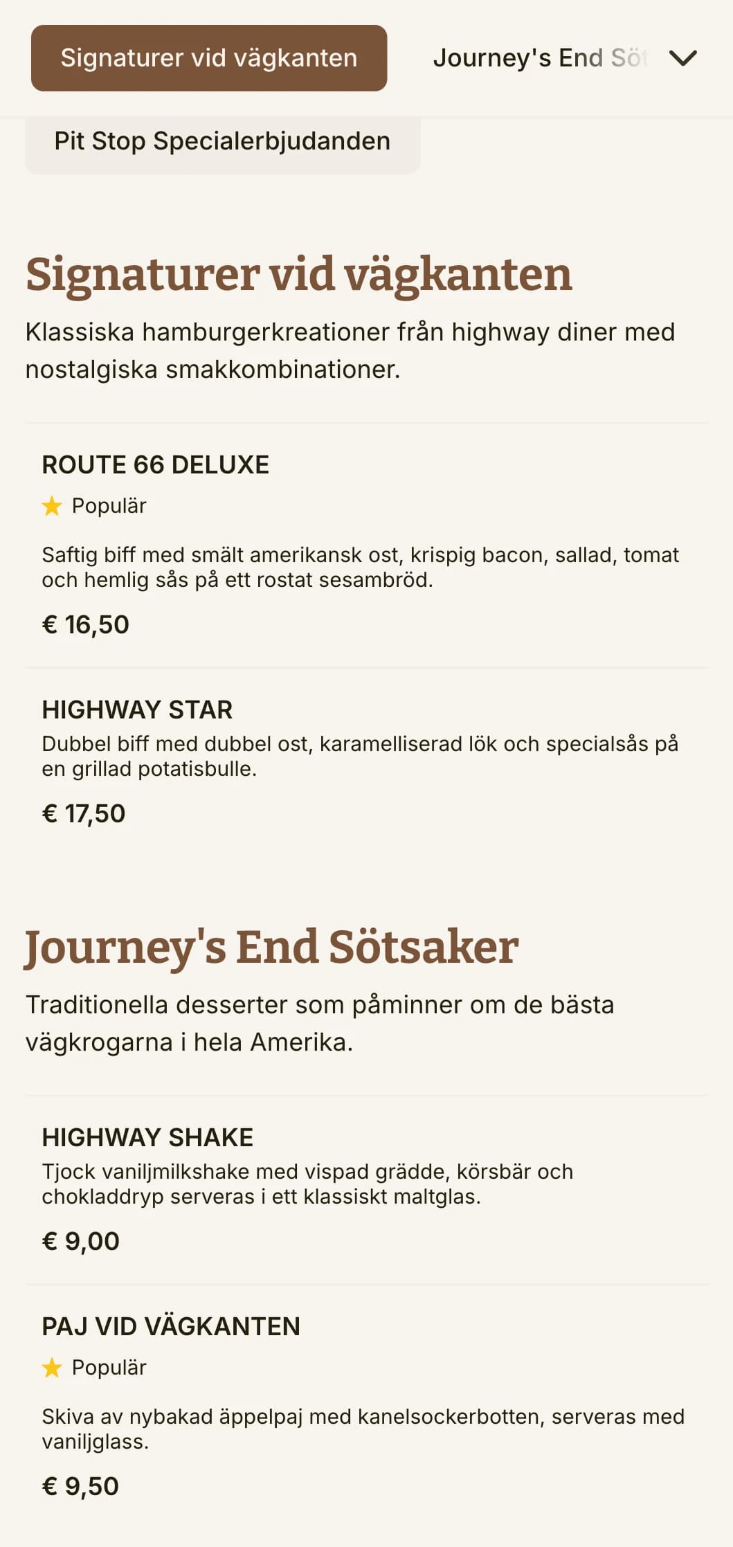 Highway-inspirerad hamburgerrestaurang med vintage vägskyltar och klassisk amerikansk roadtrip-nostalgi.