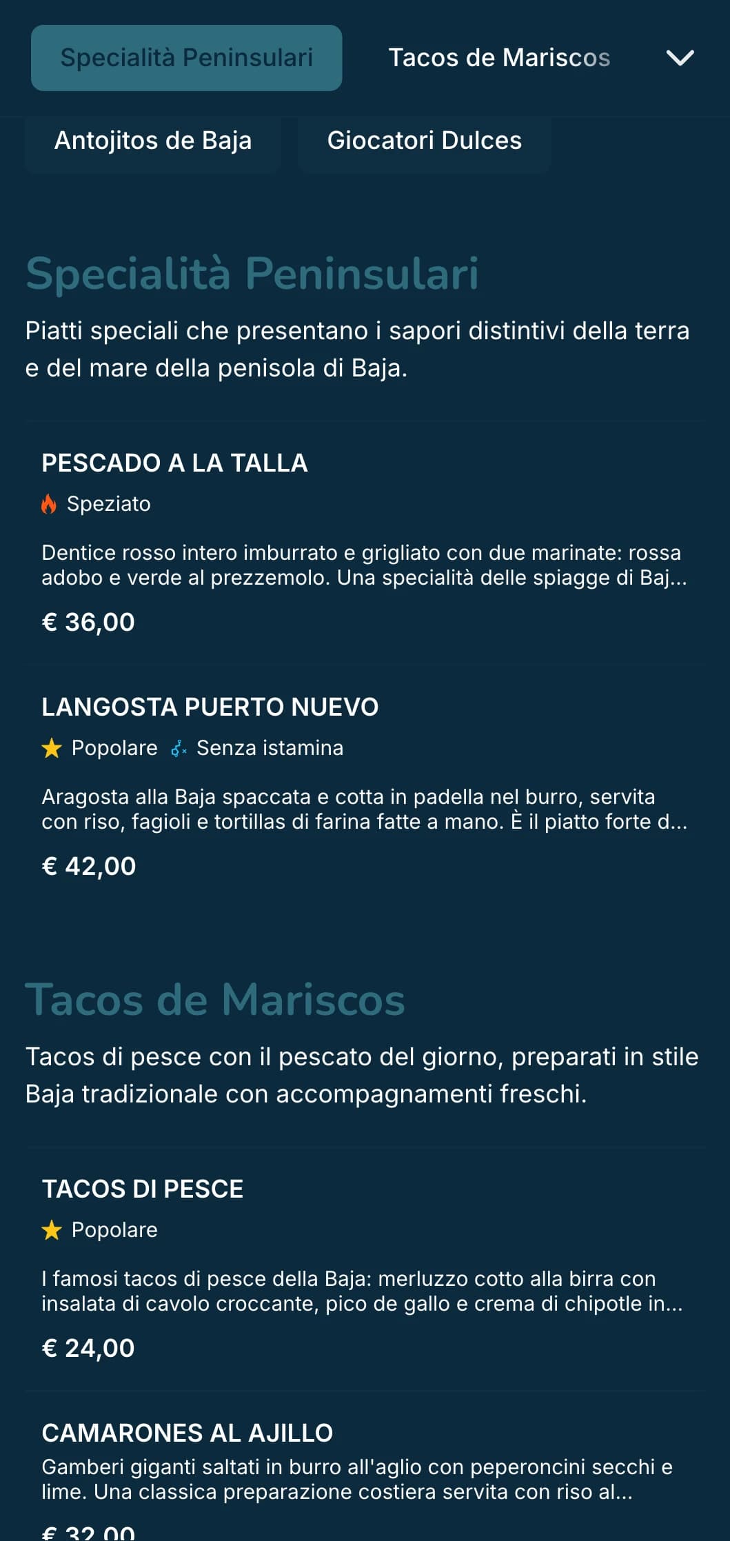 Menu leggero e rinfrescante di ispirazione Baja con tacos di pesce, ingredienti freschi e accenti blu costieri con un'atmosfera da spiaggia moderna.