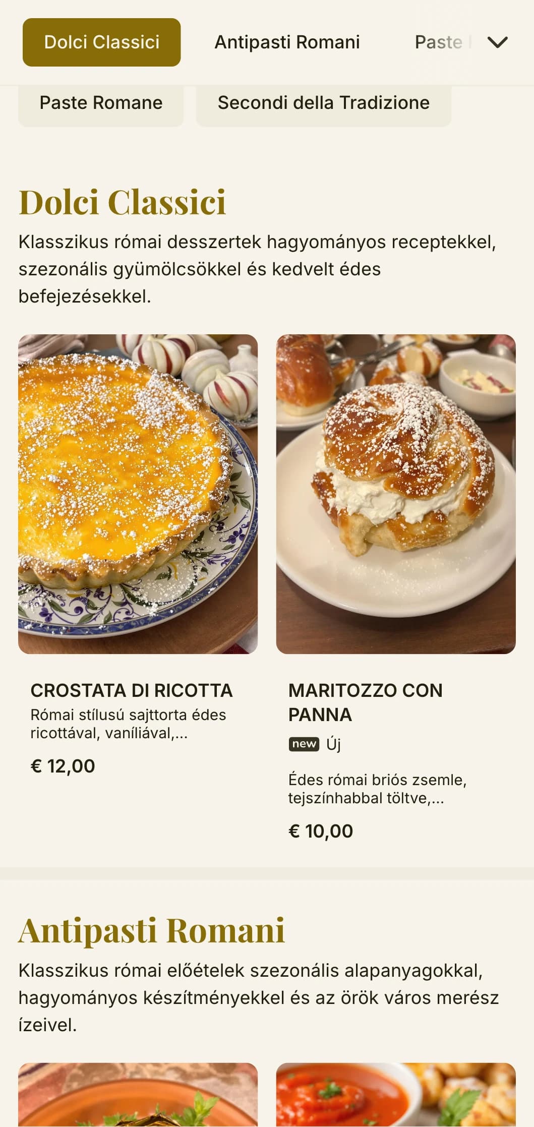 Időtlen design finom történelmi utalásokkal és meleg színpalettával, amely Róma kulináris örökségét tükrözi.