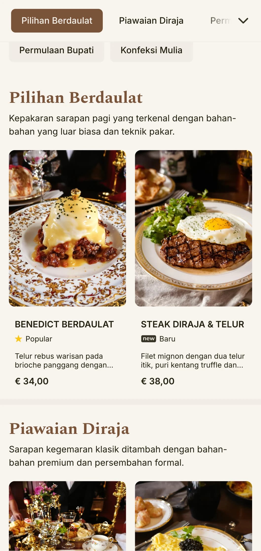 Hidangan pagi yang canggih diilhamkan oleh santapan hotel mewah, disajikan dengan formaliti yang elegan dan bahan-bahan premium.