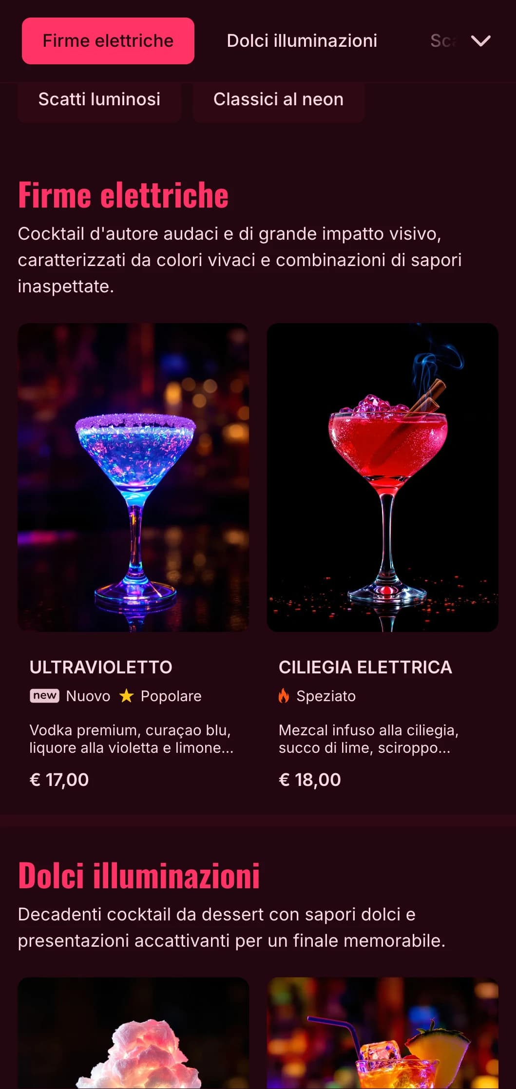 Un menu dal design audace e vibrante ispirato alla vita notturna al neon, perfetto per cocktail bar e locali notturni contemporanei.