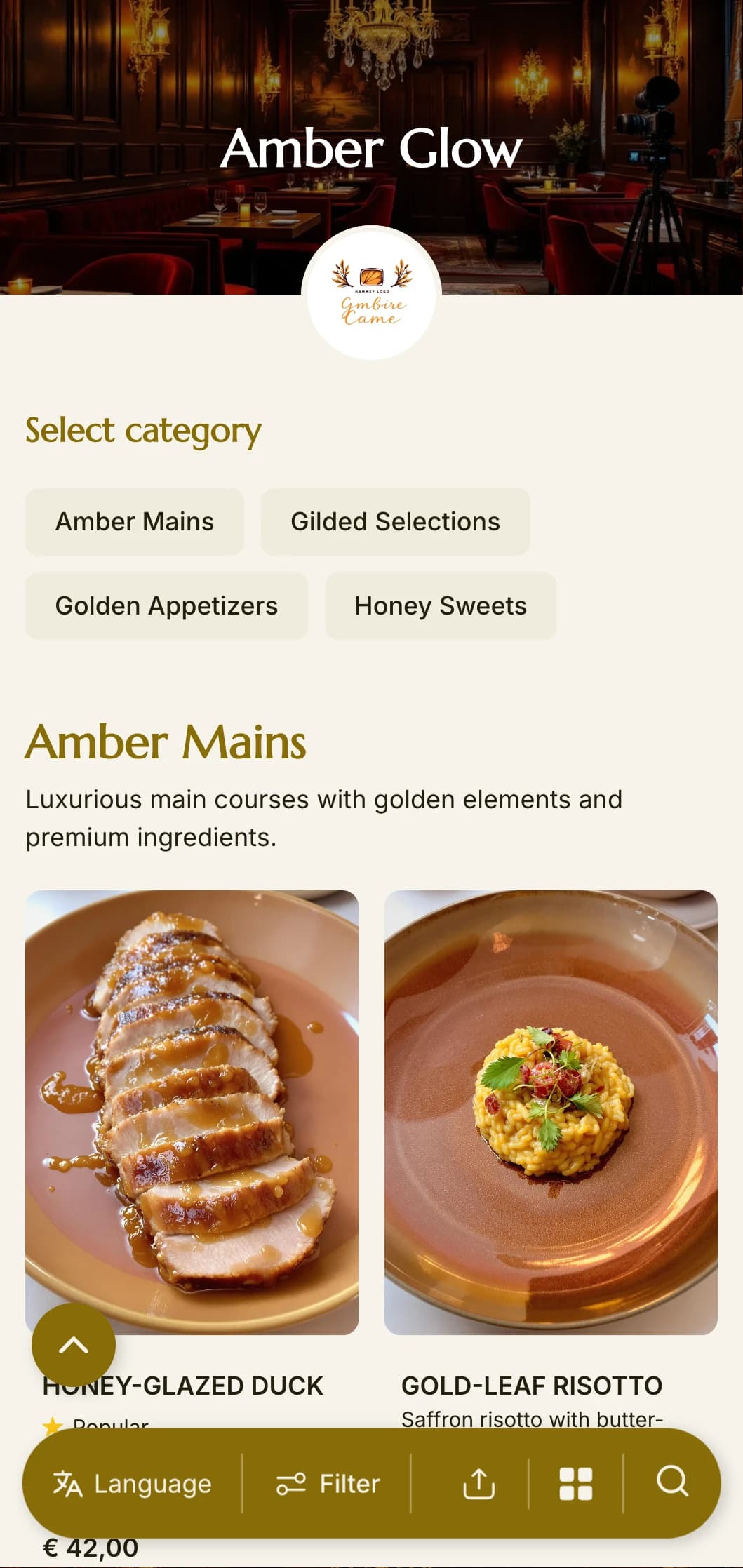 A warm, golden dinner menu with amber tones and rich textures, designed for intimate evening dining venues.