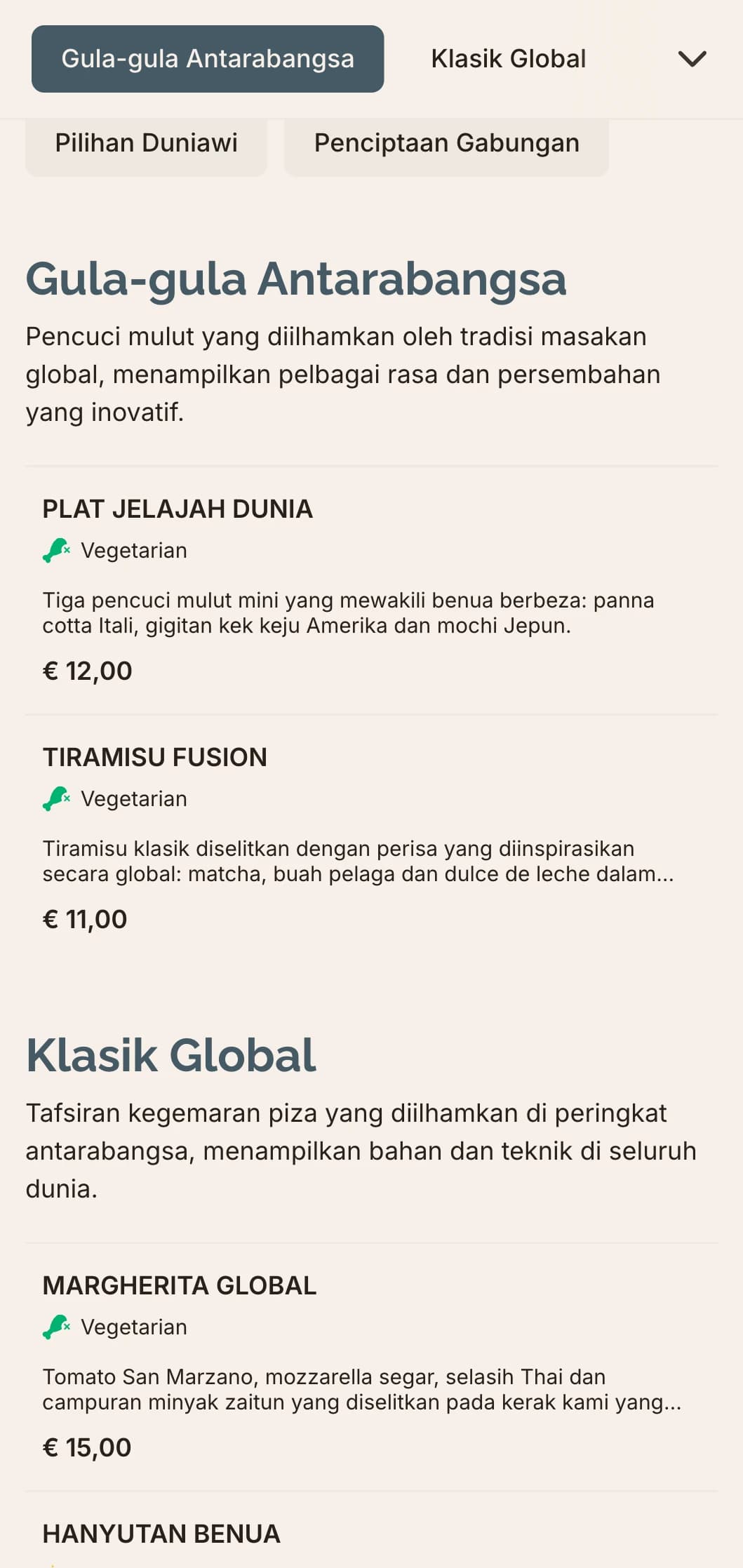 Menu pizza gabungan global dengan reka bentuk kontemporari untuk kombinasi rasa yang inovatif.