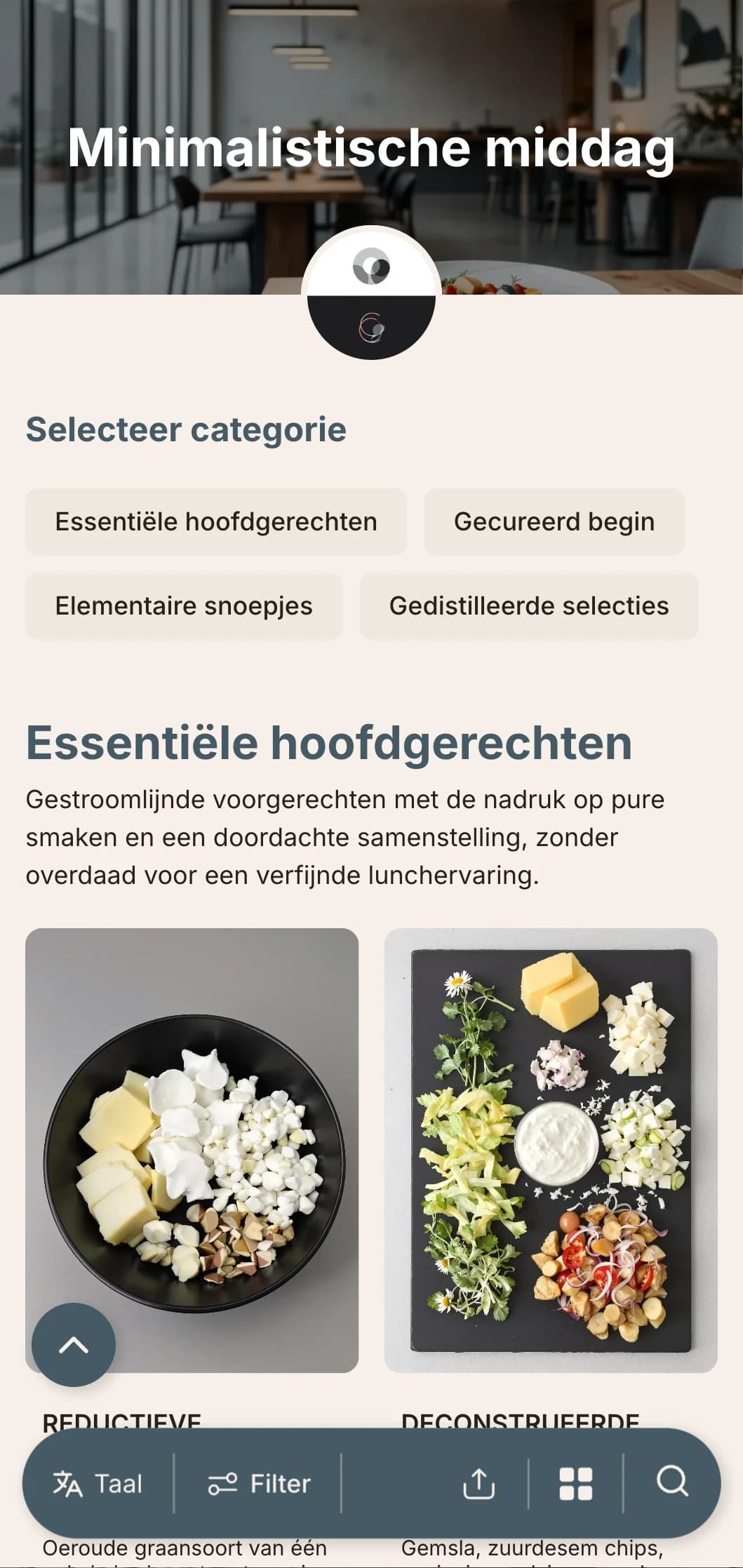 Uiterst strak, minimalistisch lunchmenu-ontwerp met veel witruimte en precieze typografie, geschikt voor eigentijdse stedelijke restaurants met een designgerichte aanpak.