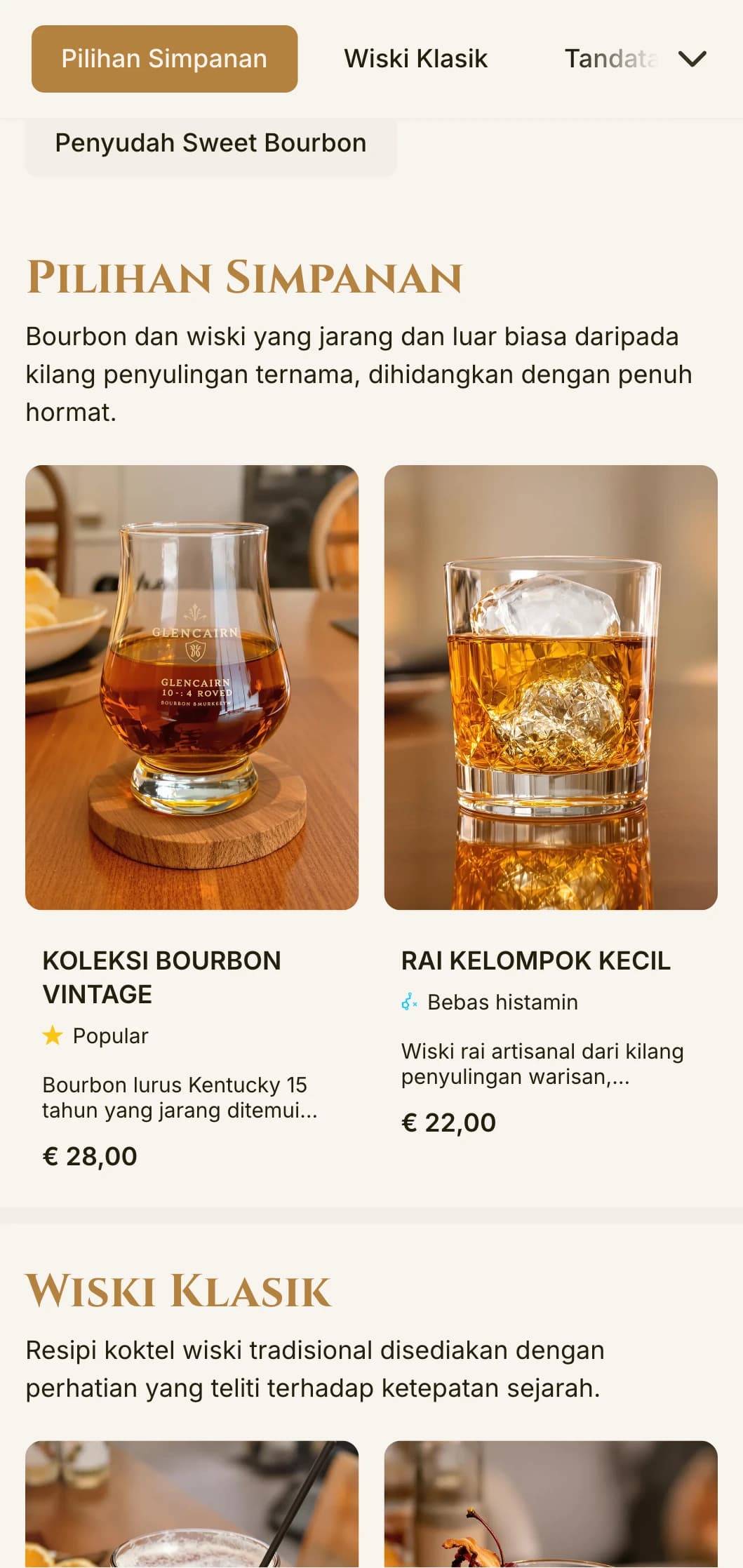 Reka bentuk yang elegan dan halus untuk bar bourbon dan lounge wiski yang menampilkan tipografi vintaj dan aksen ambar yang hangat.