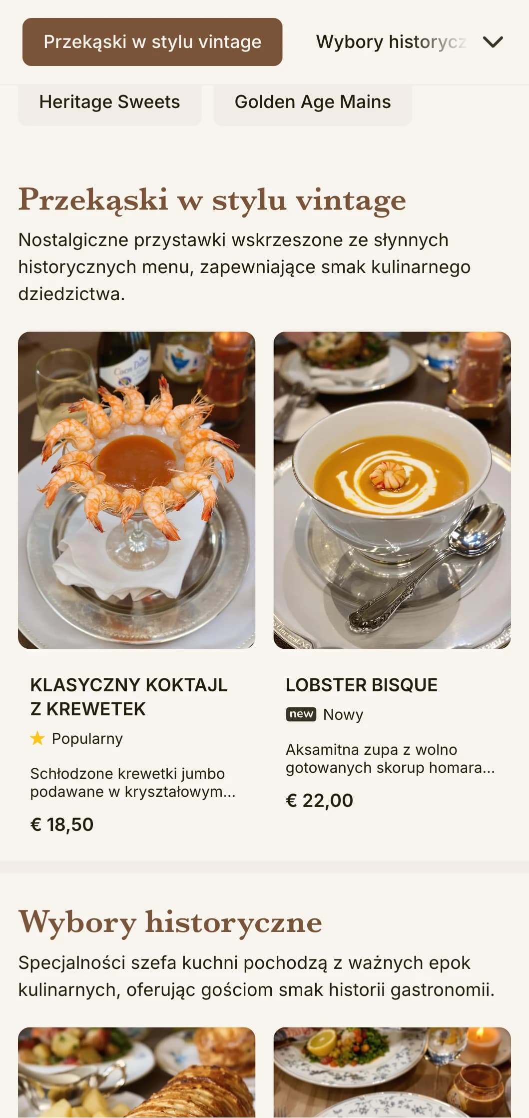 Nostalgiczny, inspirowany złotym wiekiem projekt menu lunchowego z historycznymi odniesieniami i wyrafinowanymi detalami, odpowiedni dla historycznych restauracji z bogatymi tradycjami.