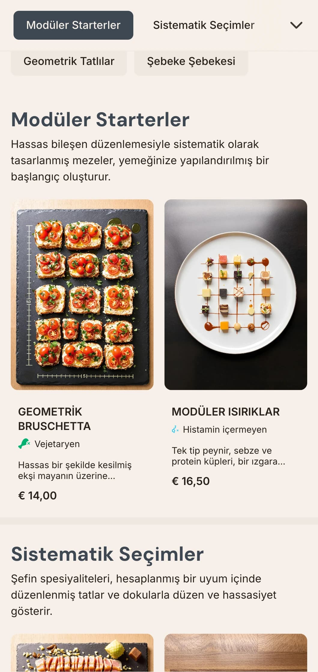 Tasarım odaklı restoranlar ve çağdaş lokantalar için ideal, matematiksel hassasiyet ve temiz organizasyona sahip, yapılandırılmış, ızgara tabanlı öğle yemeği menüsü tasarımı.