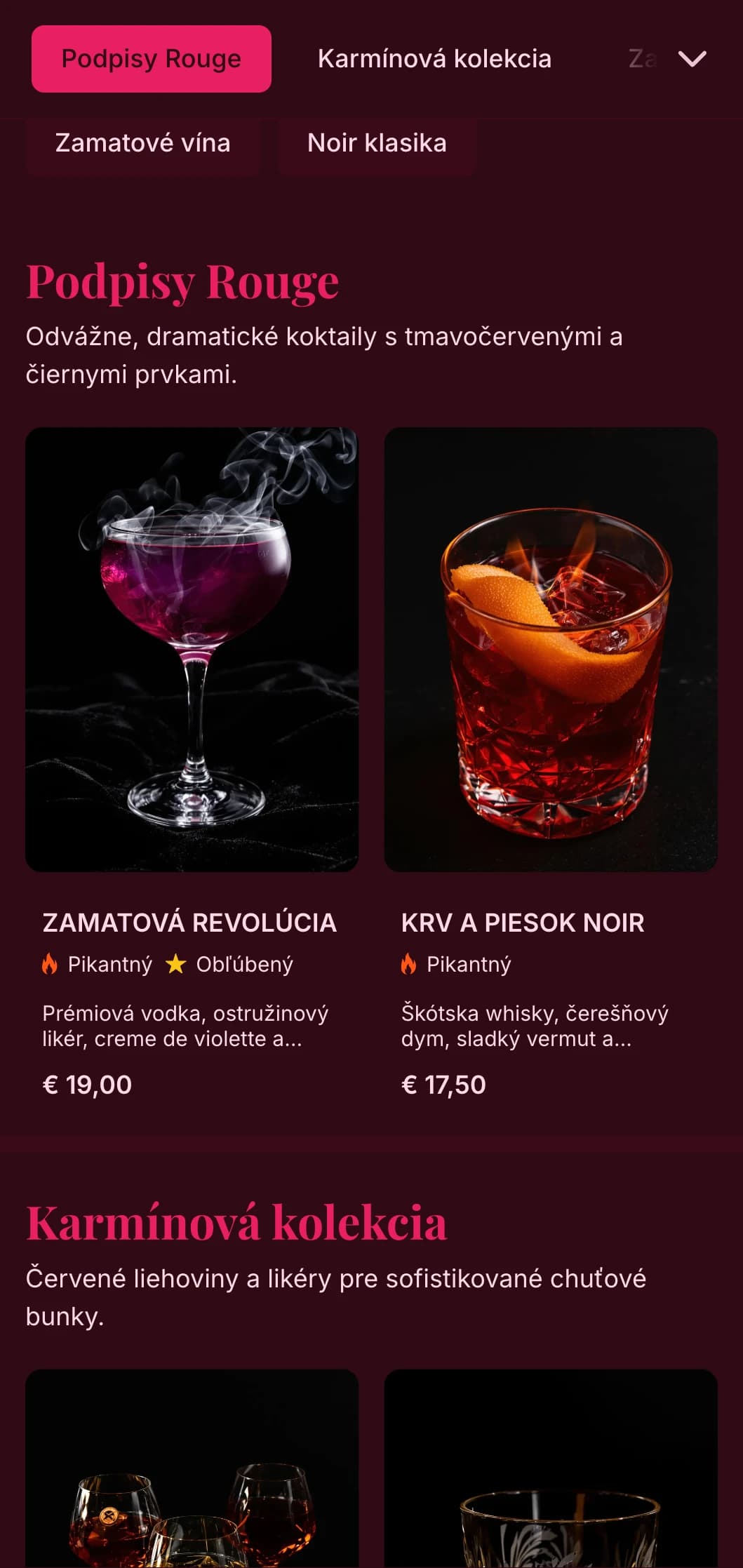 Výrazný čierno-červený dizajn s luxusnými textúrami na dramatické kokteilové zážitky.