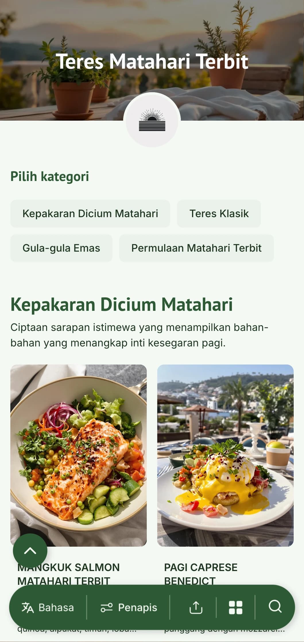 Menu sarapan pagi yang terang dan menyegarkan direka untuk santapan pagi di luar dengan bahan-bahan segar bermusim.